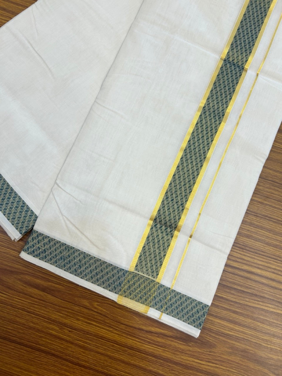 25% Discount ! Kaitharikada Handloom Unakkupaav Balaramapuram - 100% PURE Cotton OFF WHITE - (Unbleached) Double Mundu/Dhoti - 100x80 - 1.75 inch Gold Kasav & Peacock Green Jacquard Design Kara 4 mtr (8.5 Muzham) - 12 KK5301 ABH