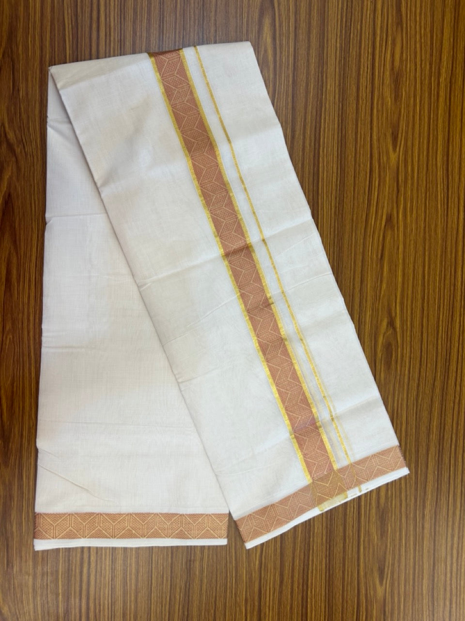 25% Discount ! Kaitharikada Handloom Unakkupaav Balaramapuram - 100% PURE Cotton OFF WHITE - (Unbleached) Double Mundu/Dhoti - 100x80 - 1.75 inch Gold Kasav & Peach Brown Jacquard Design Kara 4 mtr (8.5 Muzham) - 13 KK5301 ABH