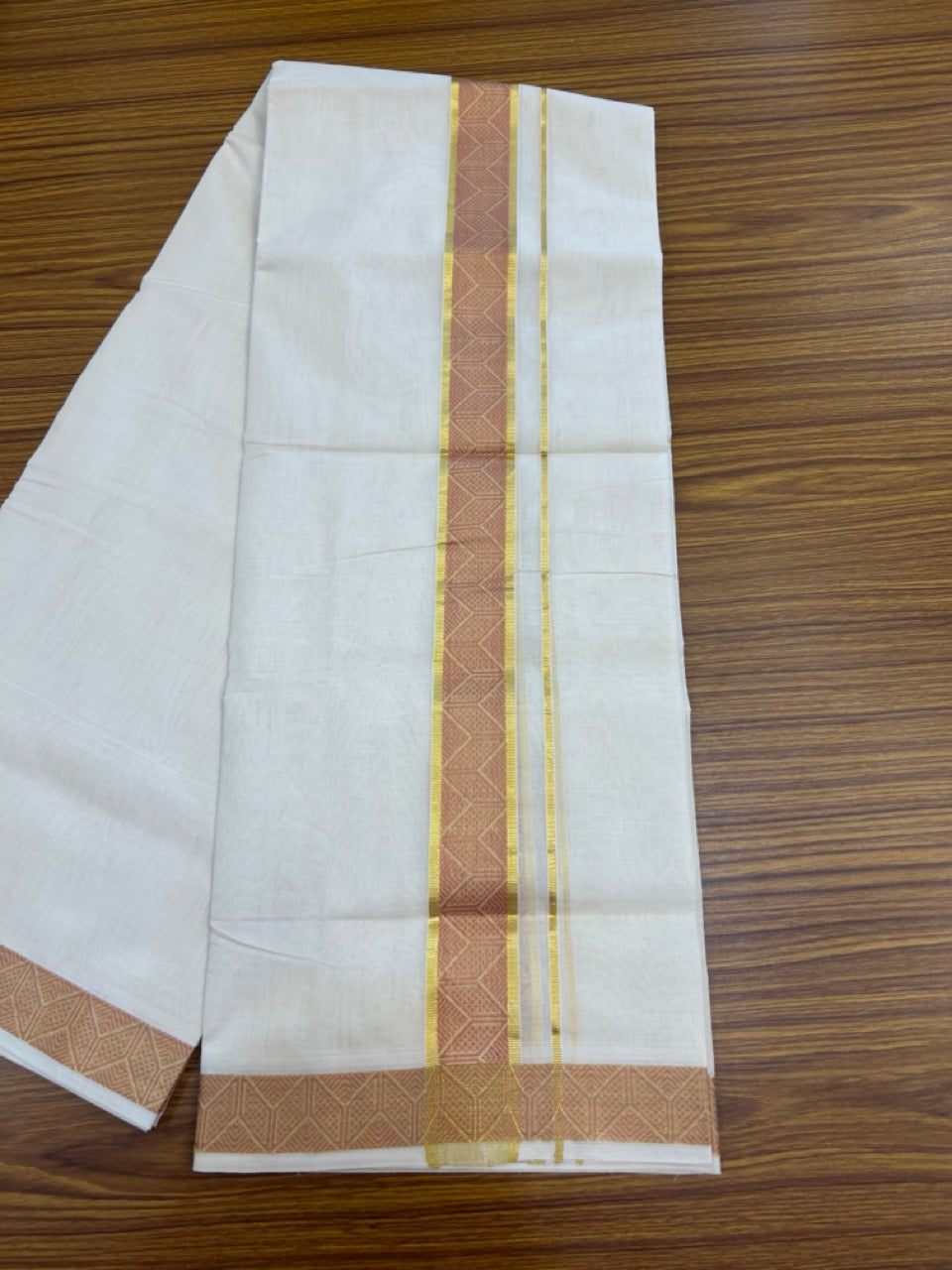 25% Discount ! Kaitharikada Handloom Unakkupaav Balaramapuram - 100% PURE Cotton OFF WHITE - (Unbleached) Double Mundu/Dhoti - 100x80 - 1.75 inch Gold Kasav & Peach Brown Jacquard Design Kara 4 mtr (8.5 Muzham) - 13 KK5301 ABH
