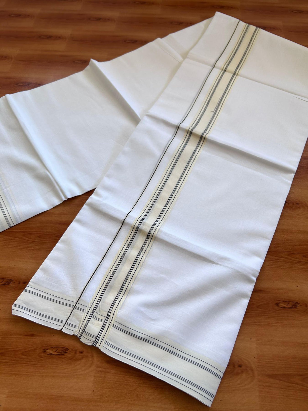 Pure white Double Mundu/Dhoti - 20% Discount! KaithariKada 100% Cotton - 100X80 - 1.5 inch Light Yellow & Black Stripes Kara - 3.90 mtr (8.5 muzham) - 26 KK5515 CKS