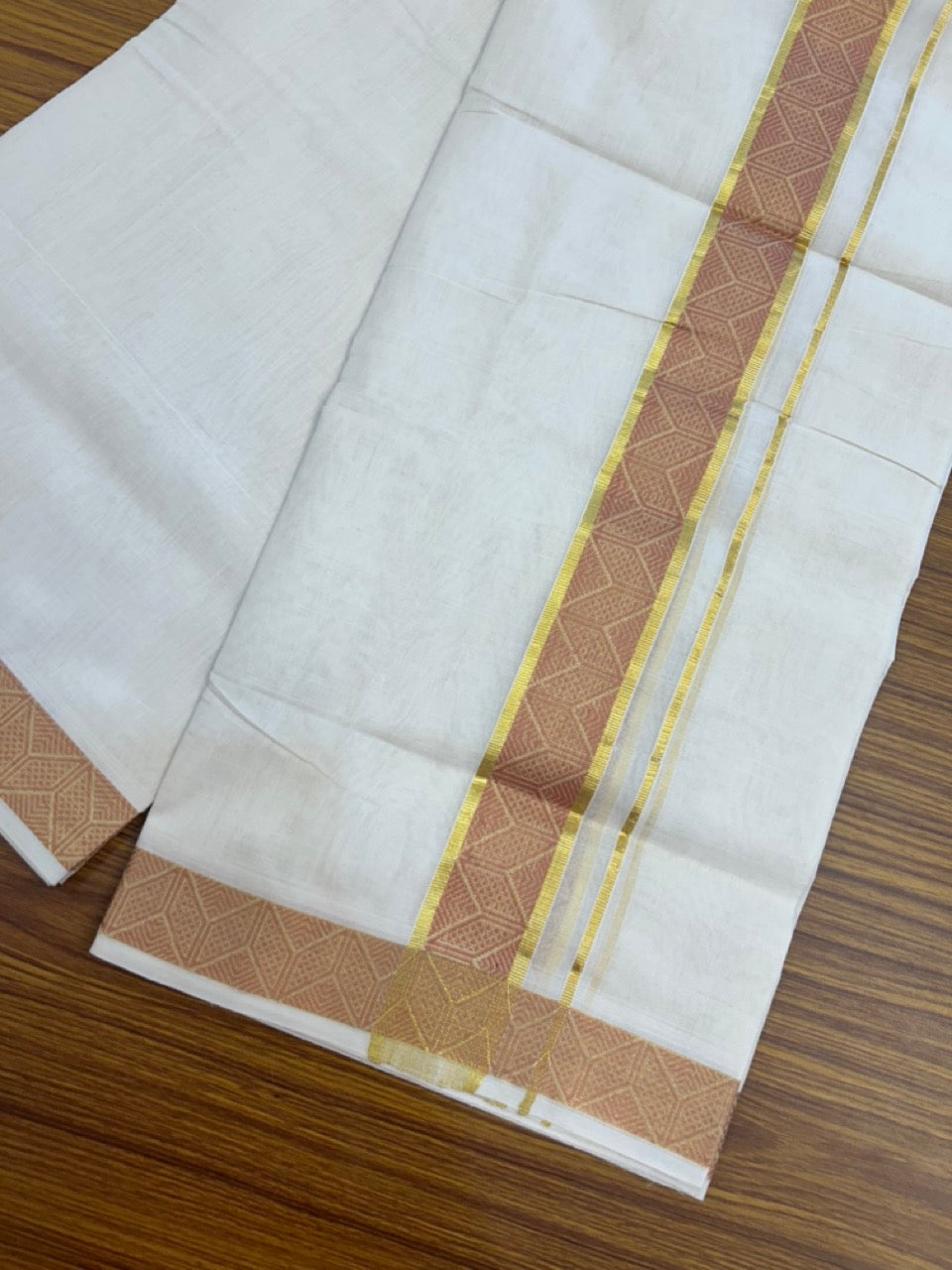 25% Discount ! Kaitharikada Handloom Unakkupaav Balaramapuram - 100% PURE Cotton OFF WHITE - (Unbleached) Double Mundu/Dhoti - 100x80 - 1.75 inch Gold Kasav & Peach Brown Jacquard Design Kara 4 mtr (8.5 Muzham) - 13 KK5301 ABH