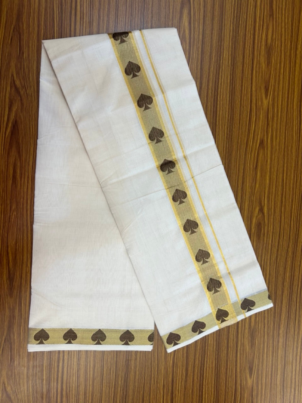 25% Discount ! Kaitharikada Handloom Unakkupaav Balaramapuram - 100% PURE Cotton OFF WHITE - (Unbleached) Double Mundu/Dhoti - 100x80 - 1.75 inch Gold Kasav & Brown Jacquard Design Kara 4 mtr (8.5 Muzham) - 14 KK5301 ABH
