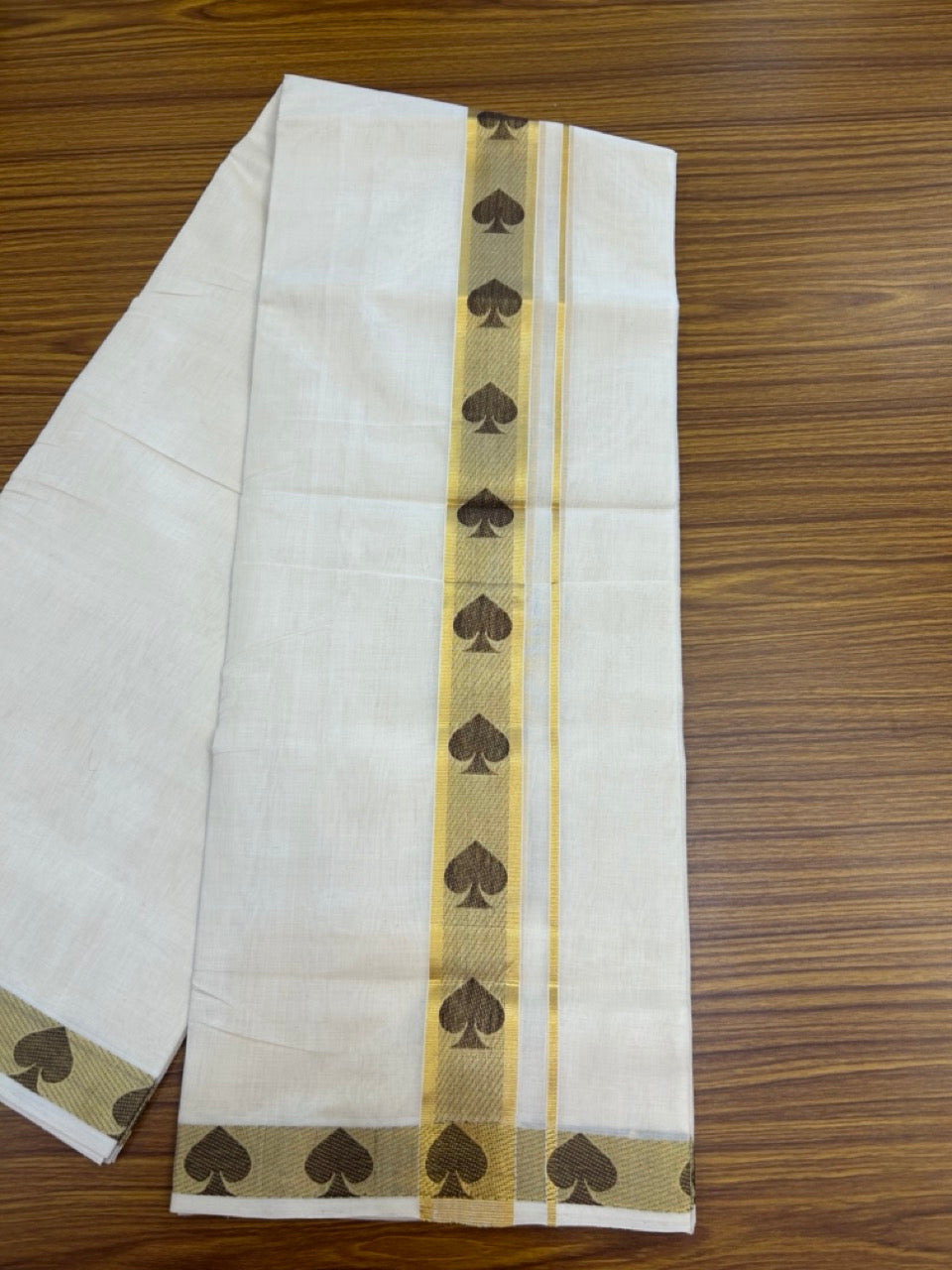 25% Discount ! Kaitharikada Handloom Unakkupaav Balaramapuram - 100% PURE Cotton OFF WHITE - (Unbleached) Double Mundu/Dhoti - 100x80 - 1.75 inch Gold Kasav & Brown Jacquard Design Kara 4 mtr (8.5 Muzham) - 14 KK5301 ABH