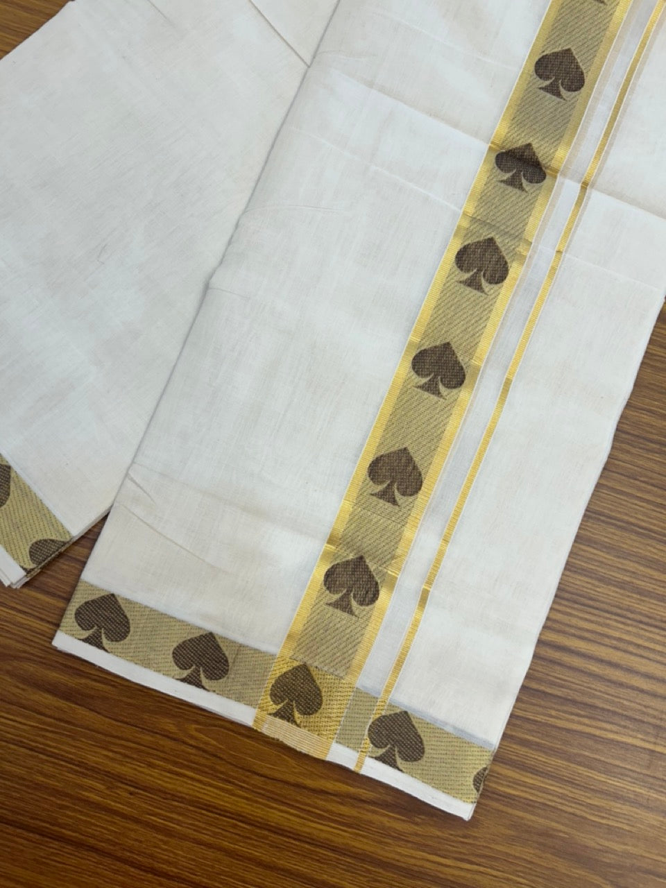 25% Discount ! Kaitharikada Handloom Unakkupaav Balaramapuram - 100% PURE Cotton OFF WHITE - (Unbleached) Double Mundu/Dhoti - 100x80 - 1.75 inch Gold Kasav & Brown Jacquard Design Kara 4 mtr (8.5 Muzham) - 14 KK5301 ABH