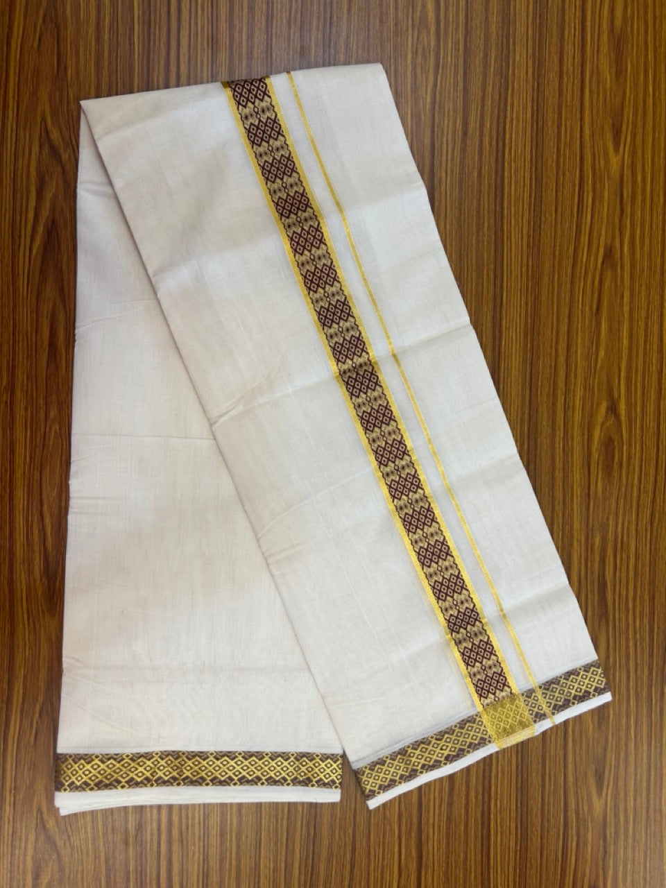 25% Discount ! Kaitharikada Handloom Unakkupaav Balaramapuram - 100% PURE Cotton OFF WHITE - (Unbleached) Double Mundu/Dhoti - 100x80 - 1.75 inch Gold Kasav & Dark Maroon Jacquard Design Kara 4 mtr (8.5 Muzham) - 15 KK5301 ABH
