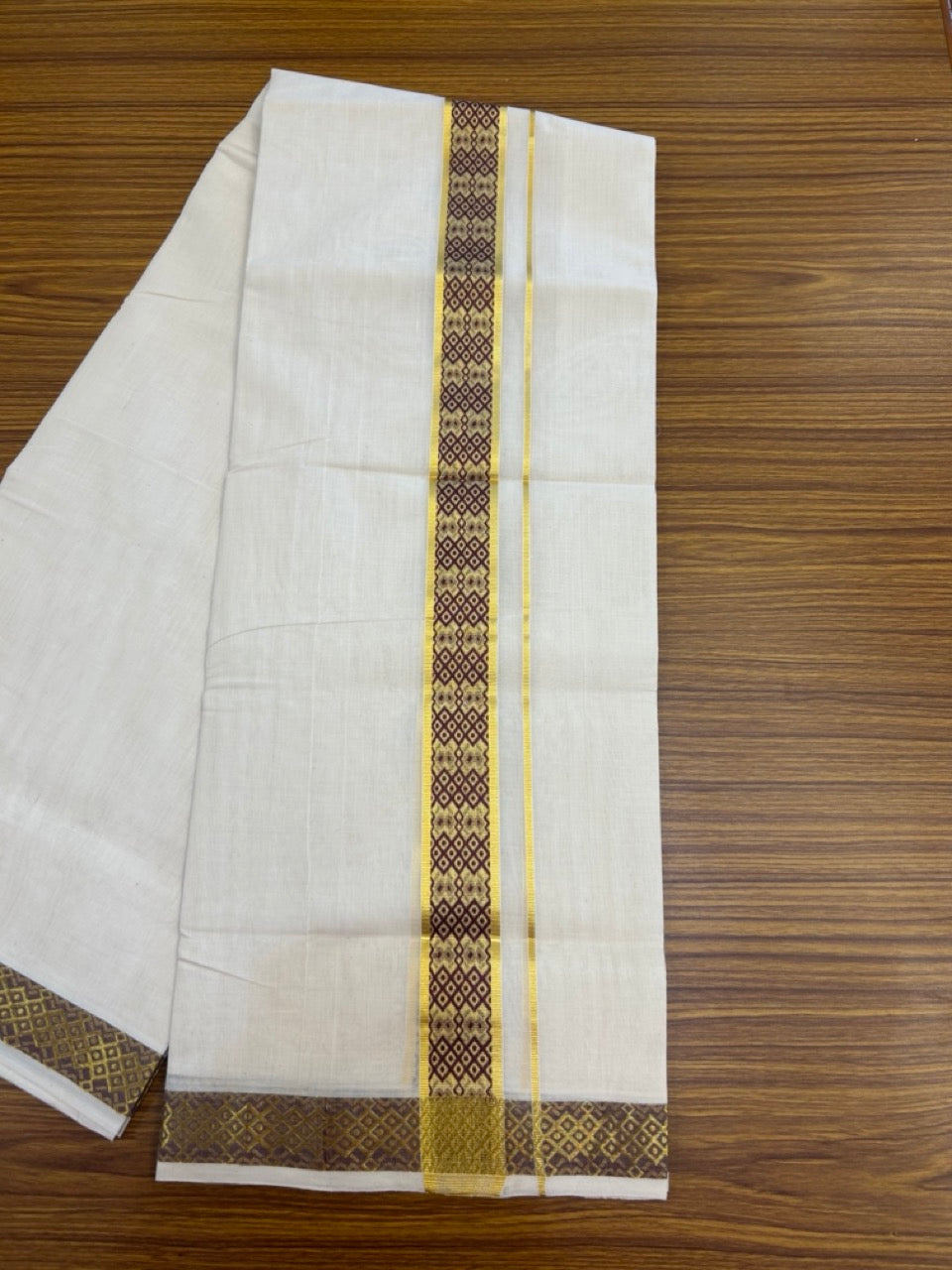25% Discount ! Kaitharikada Handloom Unakkupaav Balaramapuram - 100% PURE Cotton OFF WHITE - (Unbleached) Double Mundu/Dhoti - 100x80 - 1.75 inch Gold Kasav & Dark Maroon Jacquard Design Kara 4 mtr (8.5 Muzham) - 15 KK5301 ABH