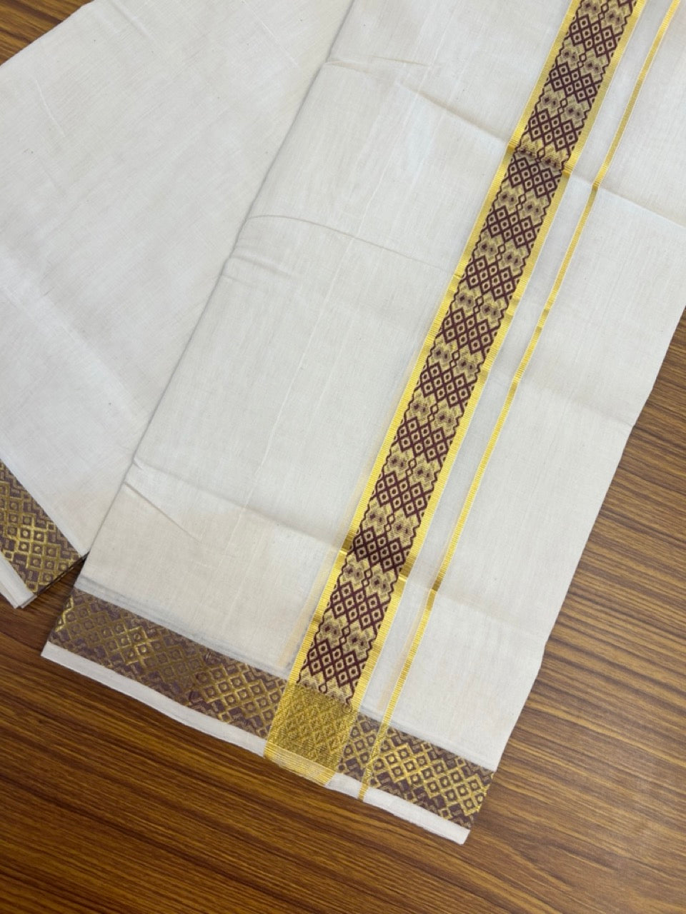 25% Discount ! Kaitharikada Handloom Unakkupaav Balaramapuram - 100% PURE Cotton OFF WHITE - (Unbleached) Double Mundu/Dhoti - 100x80 - 1.75 inch Gold Kasav & Dark Maroon Jacquard Design Kara 4 mtr (8.5 Muzham) - 15 KK5301 ABH