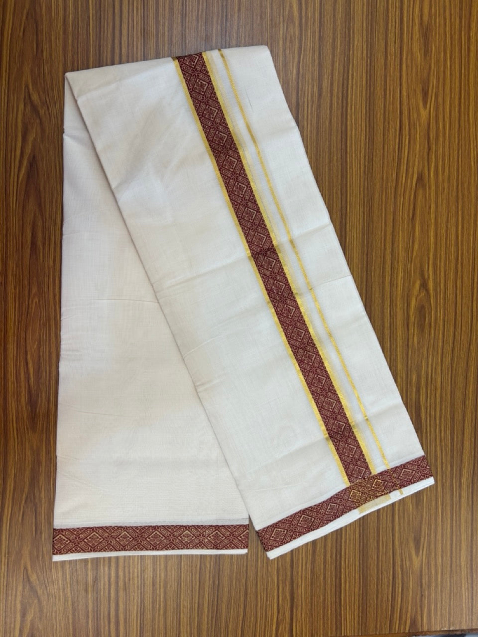 25% Discount ! Kaitharikada Handloom Unakkupaav Balaramapuram - 100% PURE Cotton OFF WHITE - (Unbleached) Double Mundu/Dhoti - 100x80 - 1.75 inch Gold Kasav & Maroon Jacquard Design Kara 4 mtr (8.5 Muzham) - 16 KK5301 ABH