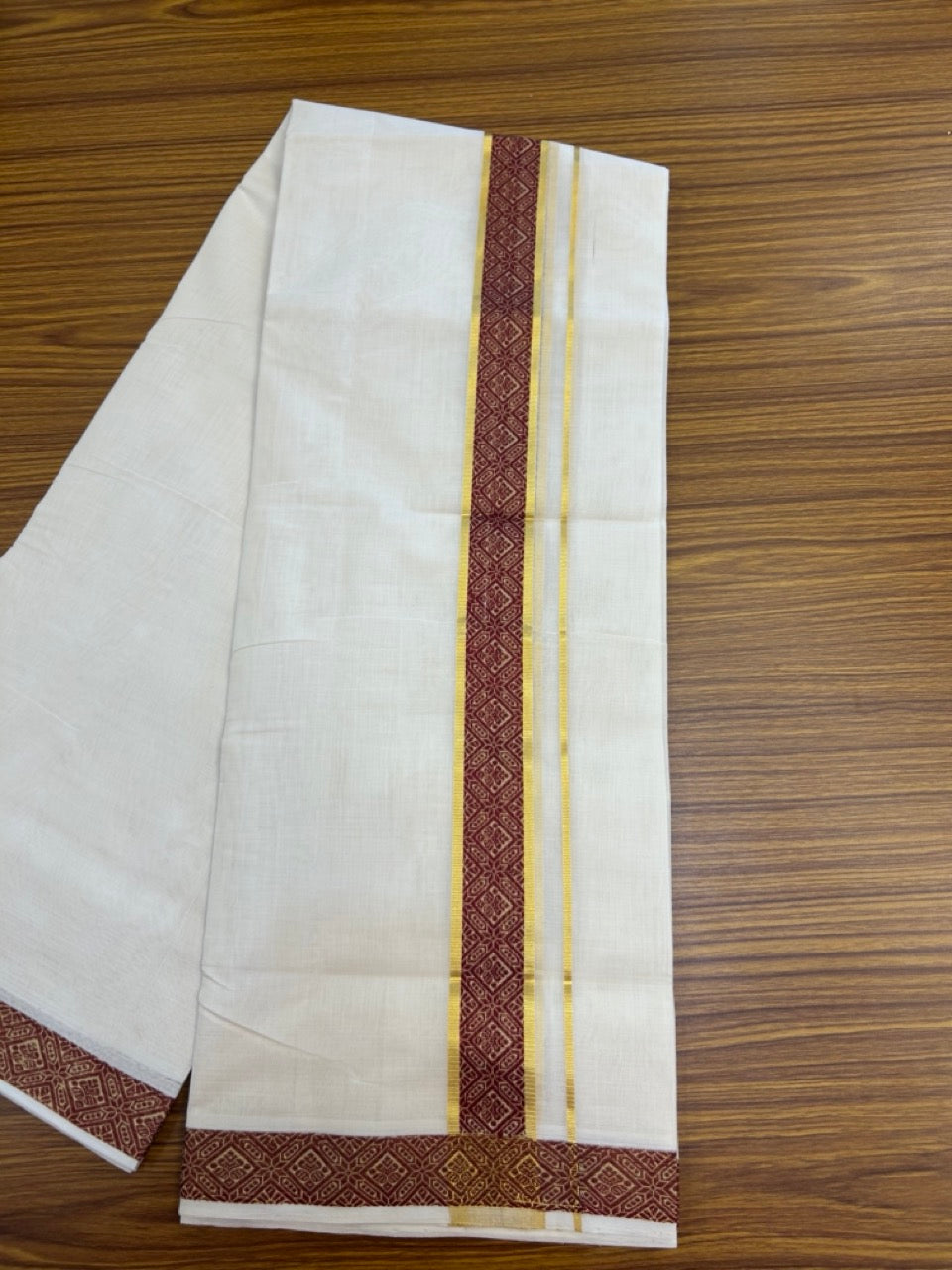 25% Discount ! Kaitharikada Handloom Unakkupaav Balaramapuram - 100% PURE Cotton OFF WHITE - (Unbleached) Double Mundu/Dhoti - 100x80 - 1.75 inch Gold Kasav & Maroon Jacquard Design Kara 4 mtr (8.5 Muzham) - 16 KK5301 ABH
