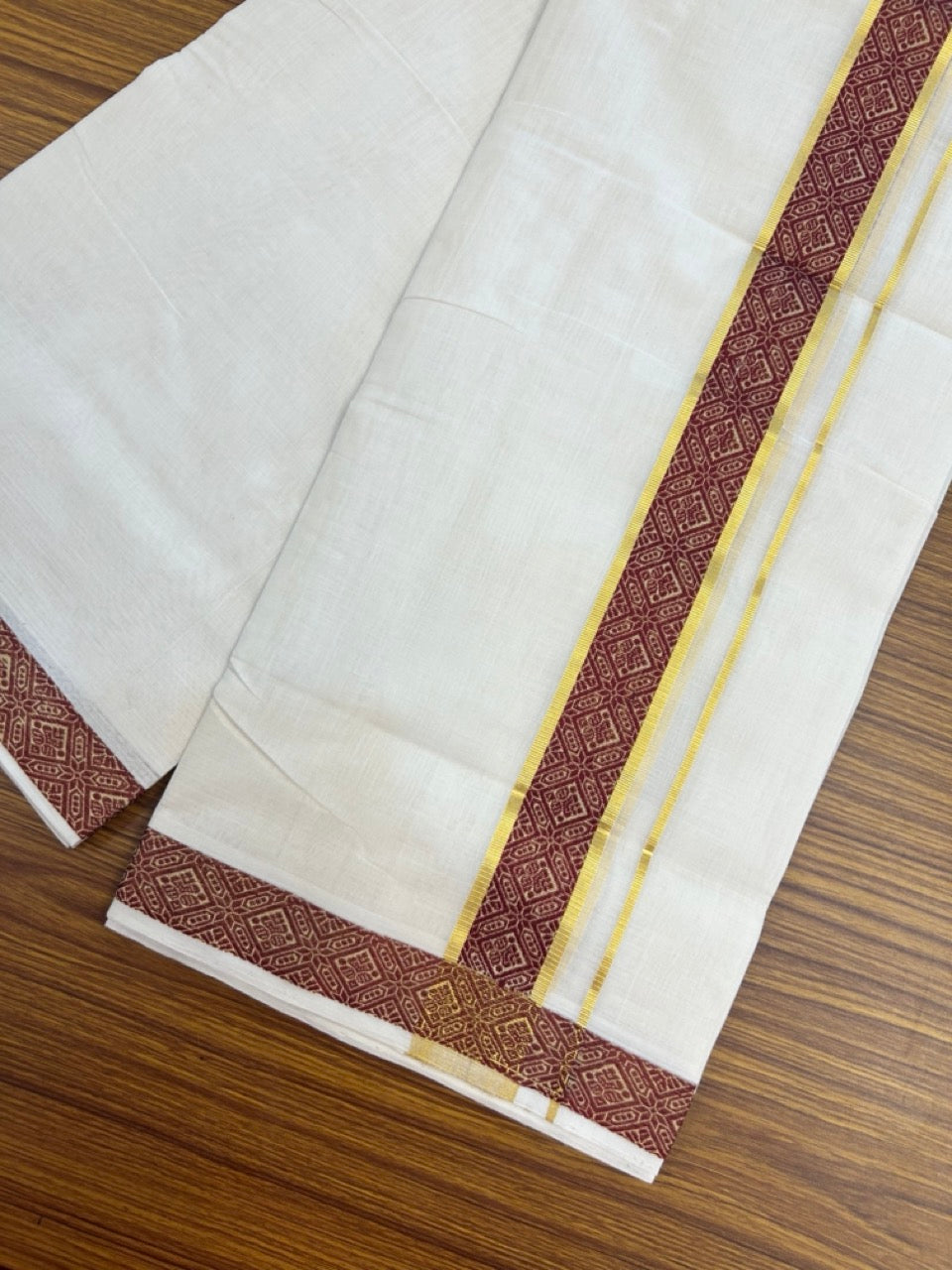 25% Discount ! Kaitharikada Handloom Unakkupaav Balaramapuram - 100% PURE Cotton OFF WHITE - (Unbleached) Double Mundu/Dhoti - 100x80 - 1.75 inch Gold Kasav & Maroon Jacquard Design Kara 4 mtr (8.5 Muzham) - 16 KK5301 ABH