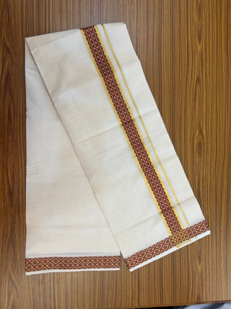 25% Discount ! Kaitharikada Handloom Unakkupaav Balaramapuram - 100% PURE Cotton OFF WHITE - (Unbleached) Double Mundu/Dhoti - 100x80 - 1.75 inch Gold Kasav & Maroon Jacquard Design Kara 4 mtr (8.5 Muzham) - 17 KK5301 ABH