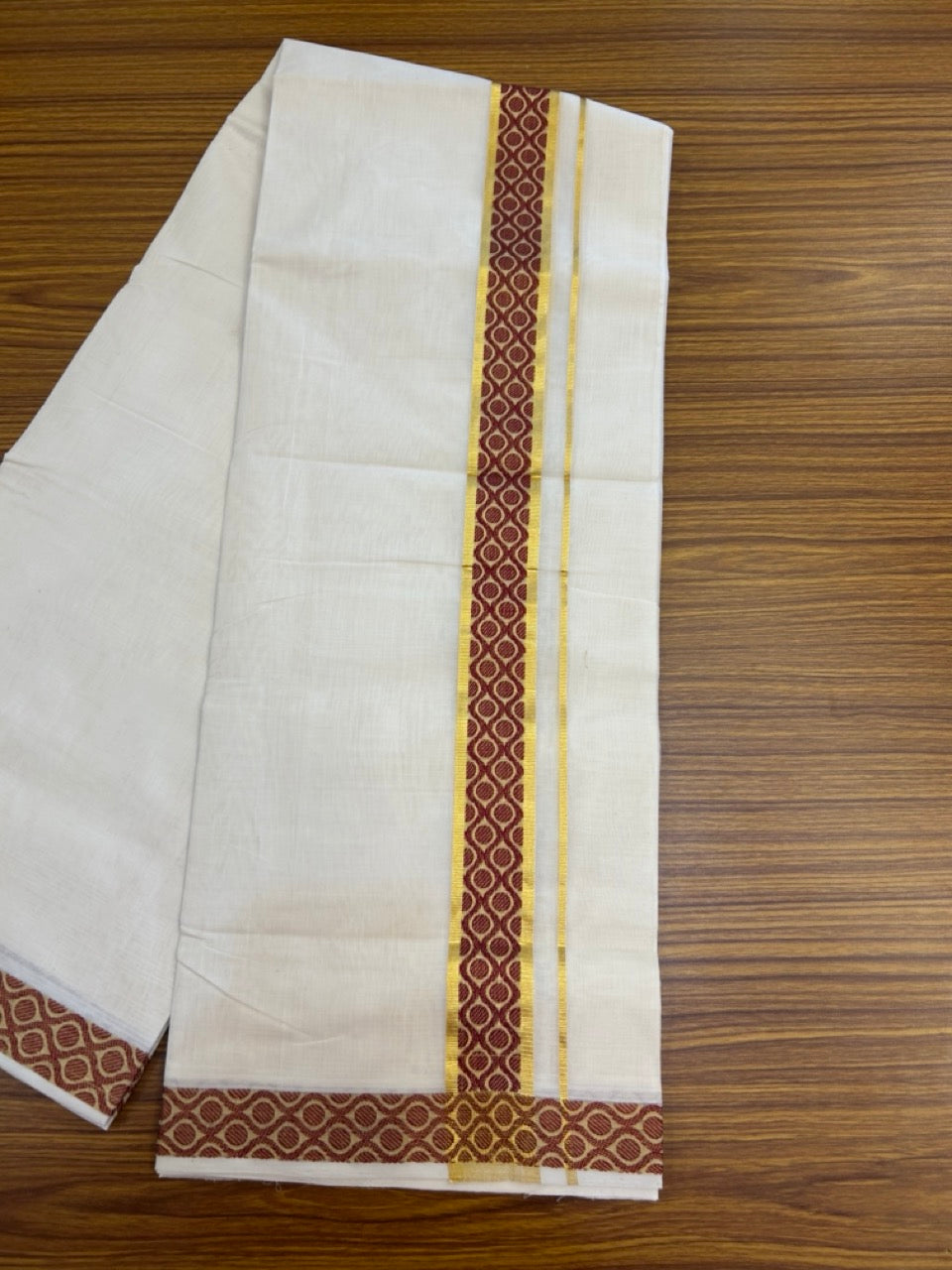 25% Discount ! Kaitharikada Handloom Unakkupaav Balaramapuram - 100% PURE Cotton OFF WHITE - (Unbleached) Double Mundu/Dhoti - 100x80 - 1.75 inch Gold Kasav & Maroon Jacquard Design Kara 4 mtr (8.5 Muzham) - 17 KK5301 ABH