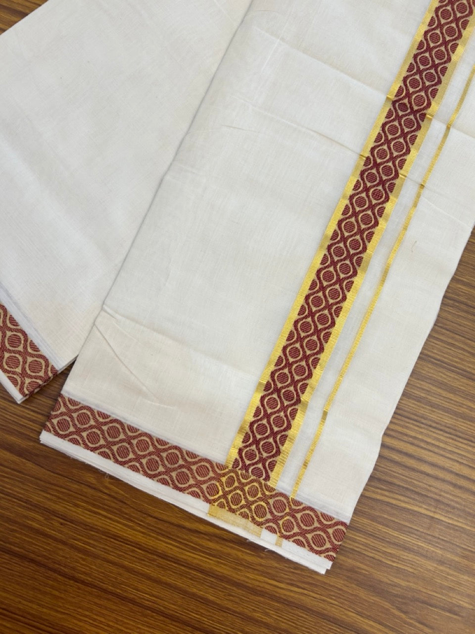 25% Discount ! Kaitharikada Handloom Unakkupaav Balaramapuram - 100% PURE Cotton OFF WHITE - (Unbleached) Double Mundu/Dhoti - 100x80 - 1.75 inch Gold Kasav & Maroon Jacquard Design Kara 4 mtr (8.5 Muzham) - 17 KK5301 ABH
