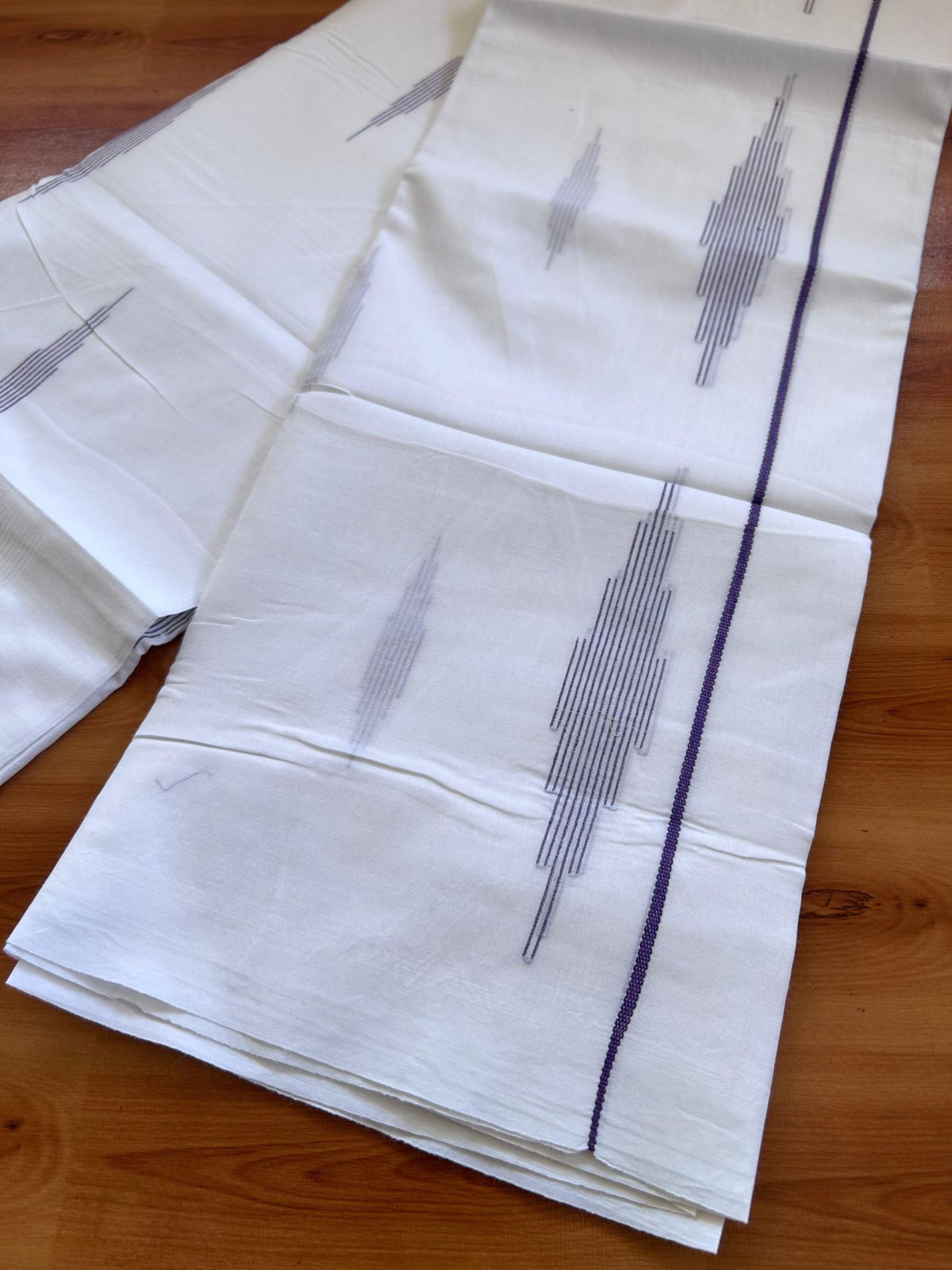Pure White Double Mundu/Dothi - 20% Discount ! Kaitharikada Balaramapuram 100% Cotton - 100x80 - Purple Stripes Jacquard Design Kara 3.80 mtr (8 muzham) - 2 KK5516 THI