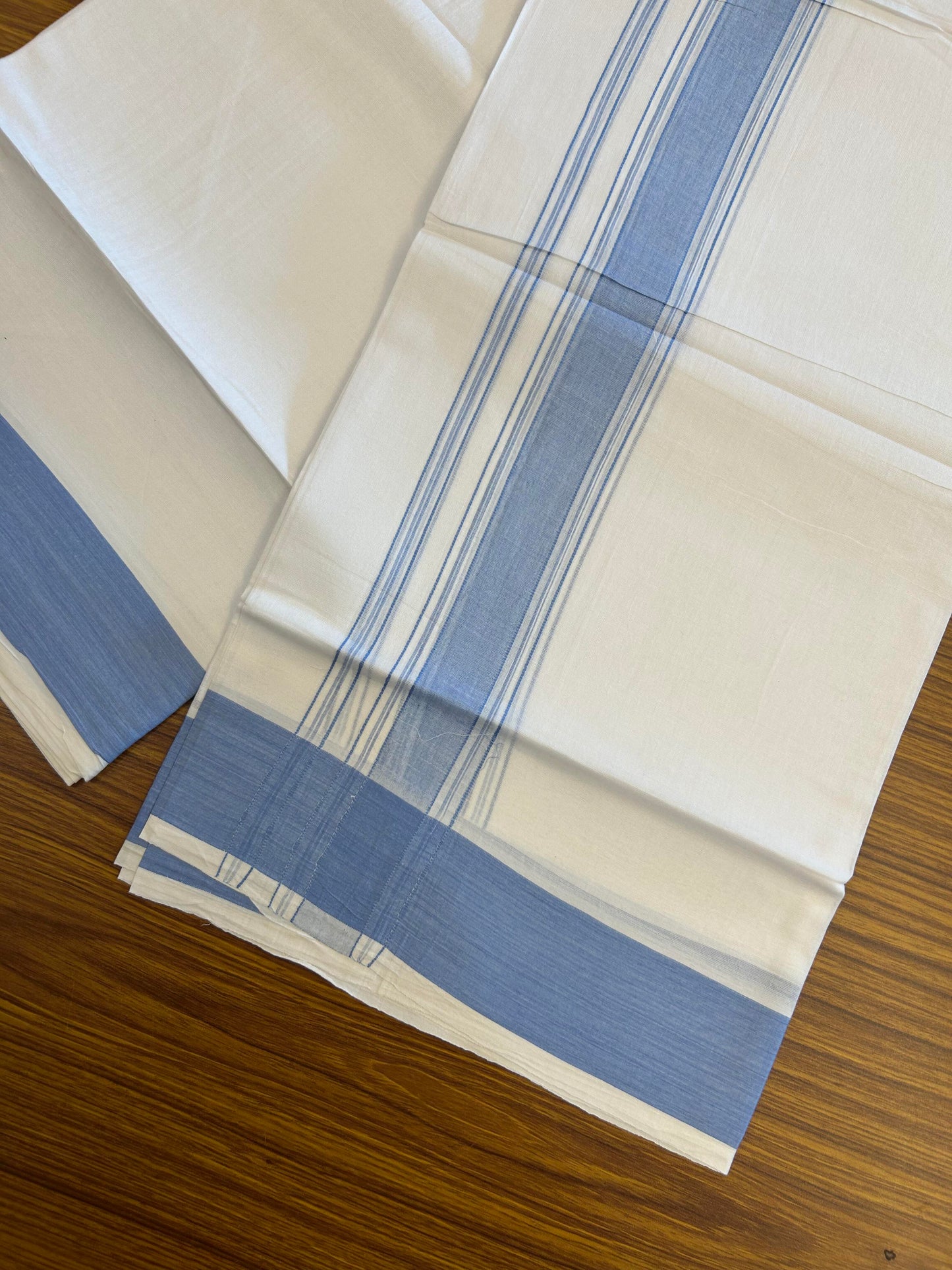 20% Discount!!! KaithariKada Balaramapuram 100% Cotton Double Pure White Mundu/Dhoti - 100X80 - 1.75 Inch Light Blue Shaded Stripes kara - 3.90 Mtr (8 Muzham) - 34 KK5361 PMC