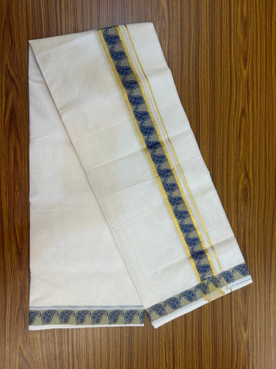 25% Discount ! Kaitharikada Handloom Unakkupaav Balaramapuram - 100% PURE Cotton OFF WHITE - (Unbleached) Double Mundu/Dhoti - 100x80 - 1.75 inch Gold Kasav & Blue Jacquard Design Kara 4 mtr (8.5 Muzham) - 18 KK5301 ABH