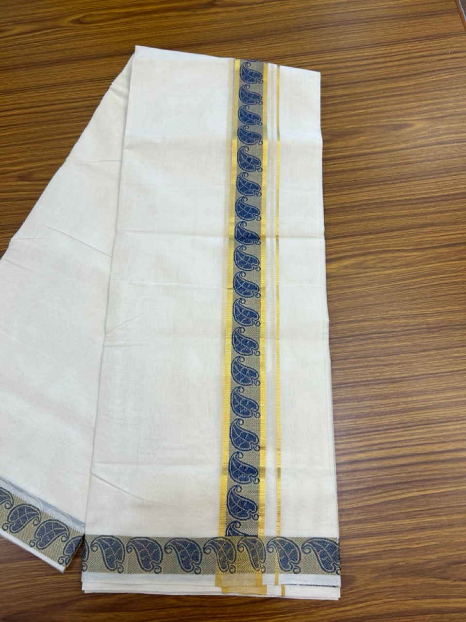 25% Discount ! Kaitharikada Handloom Unakkupaav Balaramapuram - 100% PURE Cotton OFF WHITE - (Unbleached) Double Mundu/Dhoti - 100x80 - 1.75 inch Gold Kasav & Blue Jacquard Design Kara 4 mtr (8.5 Muzham) - 18 KK5301 ABH