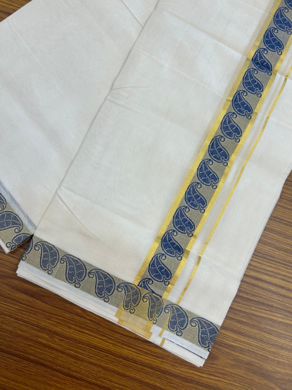 25% Discount ! Kaitharikada Handloom Unakkupaav Balaramapuram - 100% PURE Cotton OFF WHITE - (Unbleached) Double Mundu/Dhoti - 100x80 - 1.75 inch Gold Kasav & Blue Jacquard Design Kara 4 mtr (8.5 Muzham) - 18 KK5301 ABH