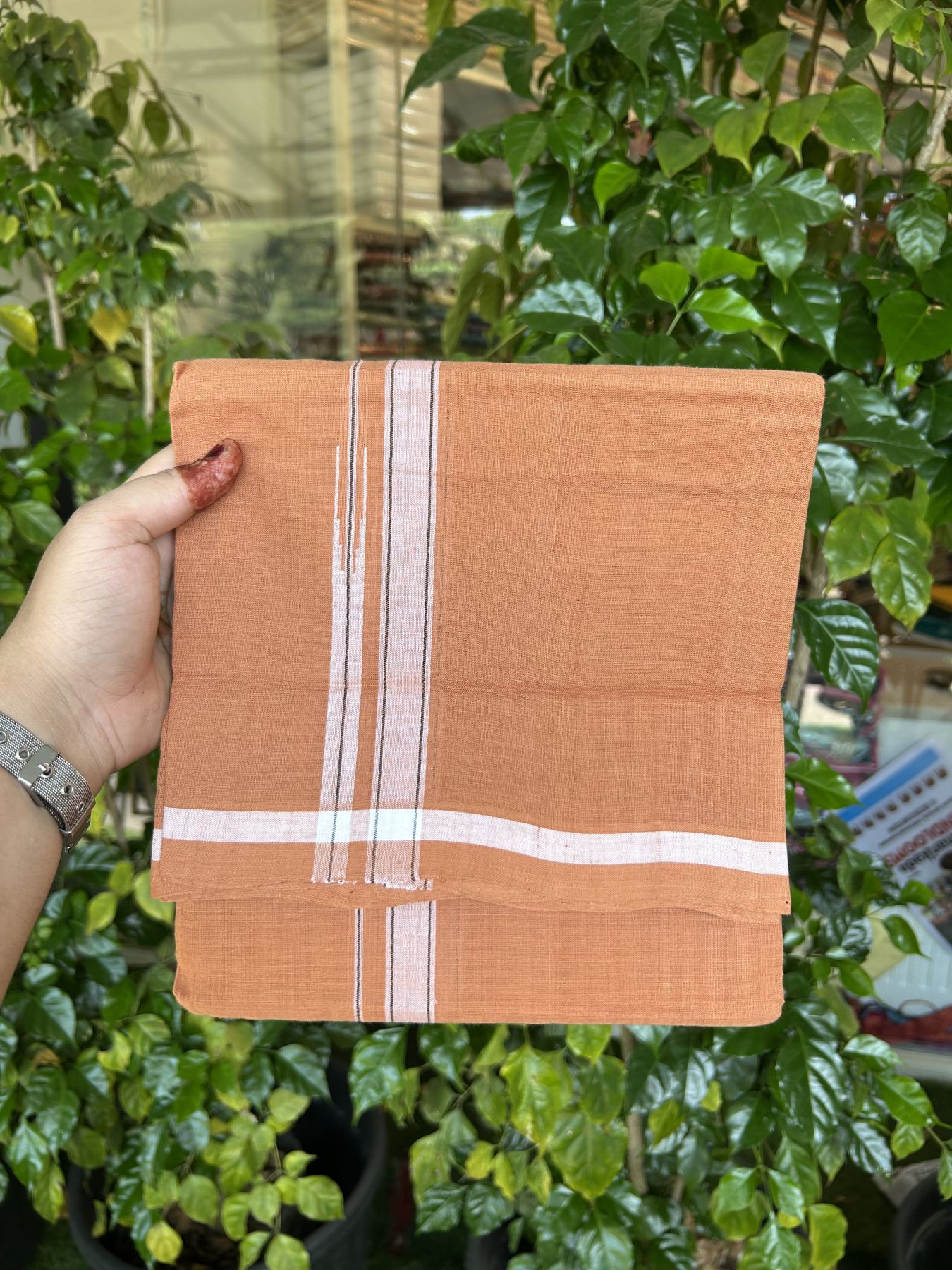 Kerala Handloom Single Hallmarked - 10% Discount !! KaithariKada 100% Pure Cotton - Mundu/Dhoti 2 cm Puliyilakkara White & Black Shaded Chutty Kara with Kavi colour Body - (2 meter / 4 muzham) - 22 KK8048 ELA