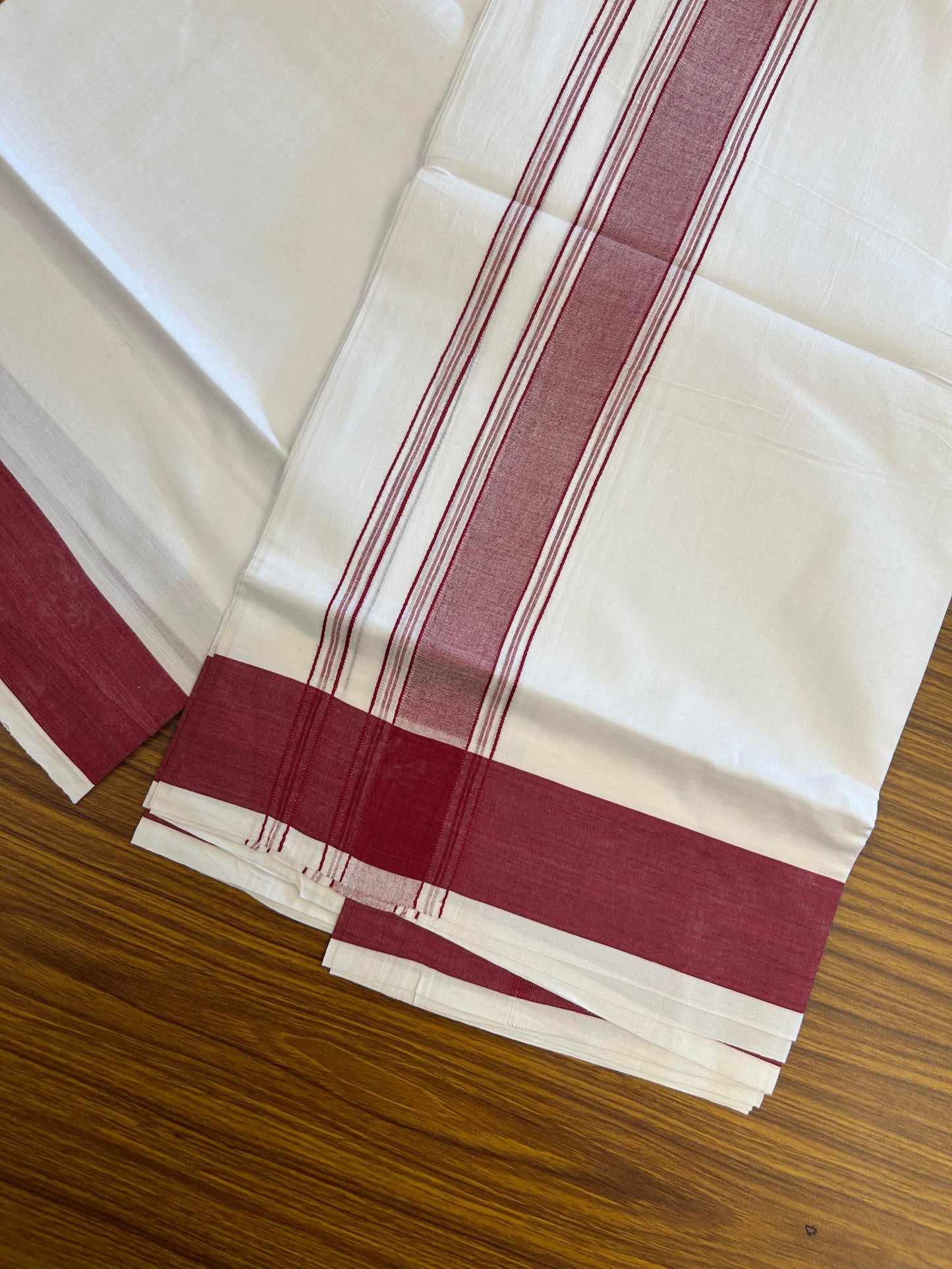 20% Discount!!! KaithariKada Balaramapuram 100% Cotton Double Pure White Mundu/Dhoti - 100X80 - 1.75 Inch Maroon Shaded Striped kara - 3.90 Mtr (8 Muzham) - 36 KK5361 PMC