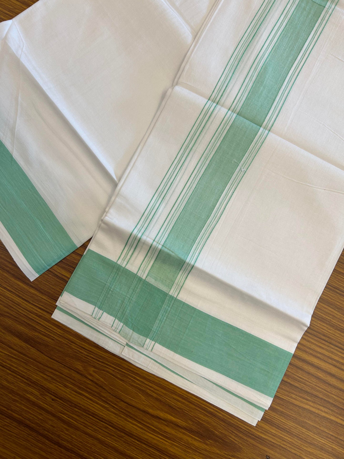 20% Discount!!! KaithariKada Balaramapuram 100% Cotton Double Pure White Mundu/Dhoti - 100X80 - 1.75 Inch Light Green Shaded Stripes kara - 3.90 Mtr (8 Muzham) - 43 KK5361 PMC
