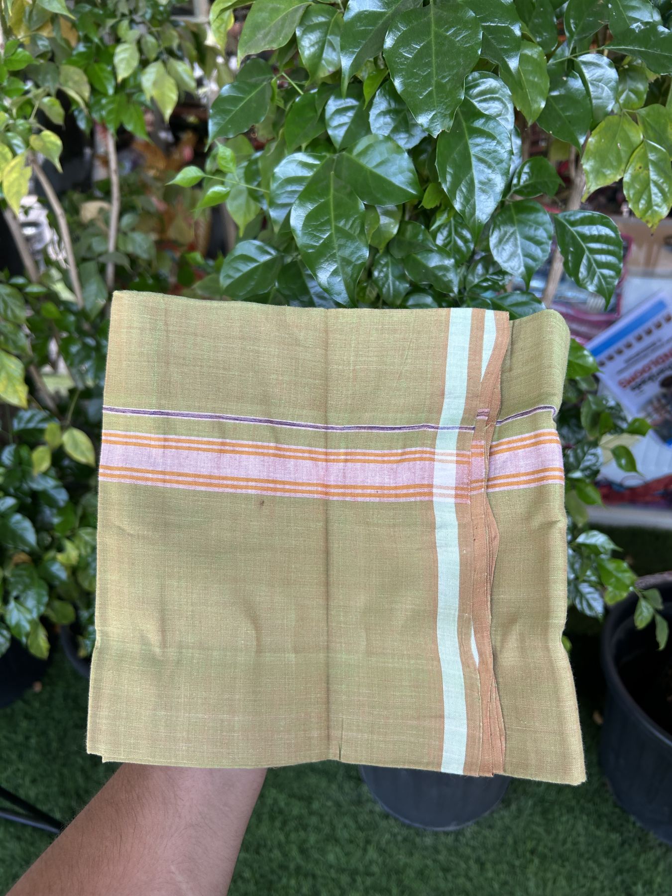 Kerala Handloom Single Hallmarked - 10% Discount !! KaithariKada 100% Pure Cotton - Mundu/Dhoti Orange & Parrot Green Body - 1 inch Orange , Violet & White Stripes Kara - (2 meter / 4 muzham) - 33 KK8048 ELA