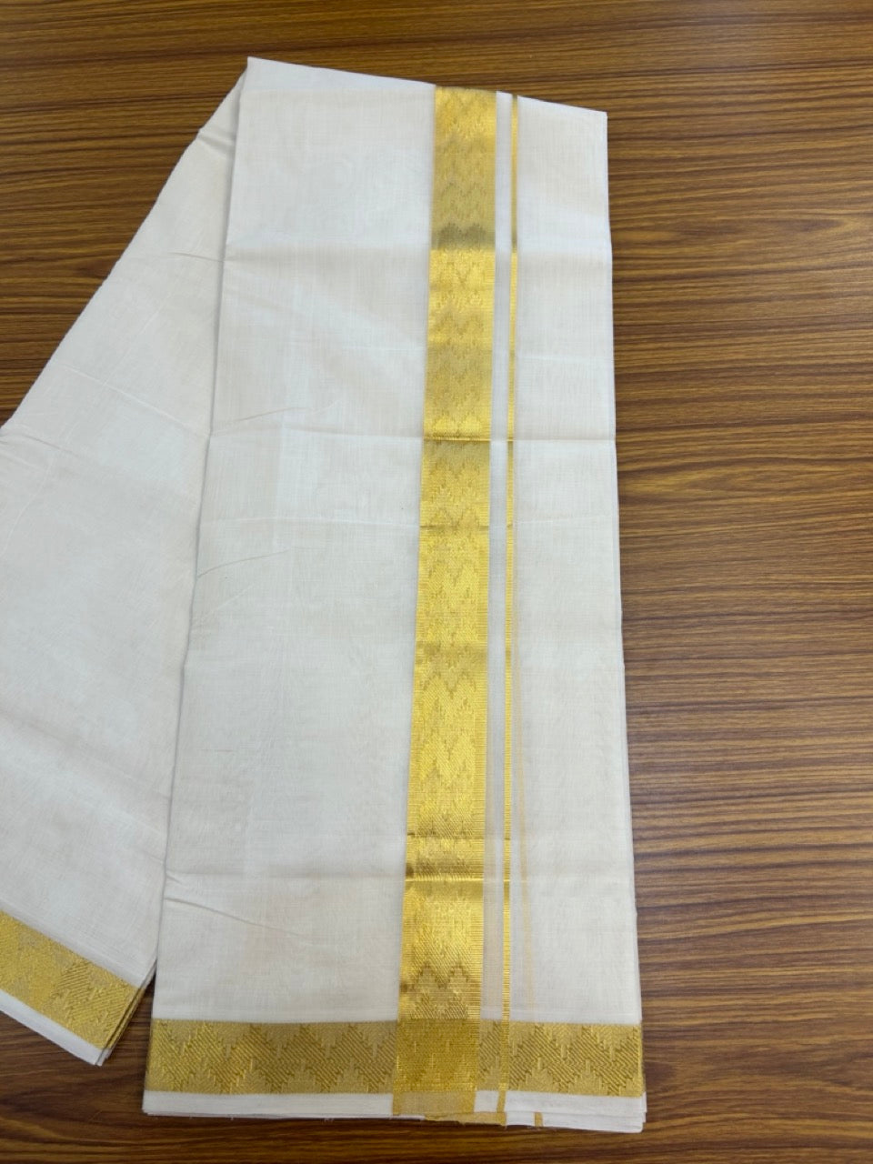 25% Discount ! Kaitharikada Handloom Unakkupaav Balaramapuram - 100% Pure Cotton Off White - (Unbleached) Double Mundu/Dhoti - 100x80 - 1.75 inch Silver & Gold Kasav Jacquard Design Kara 4 mtr (8.5 Muzham) - 19 KK5301 ABH
