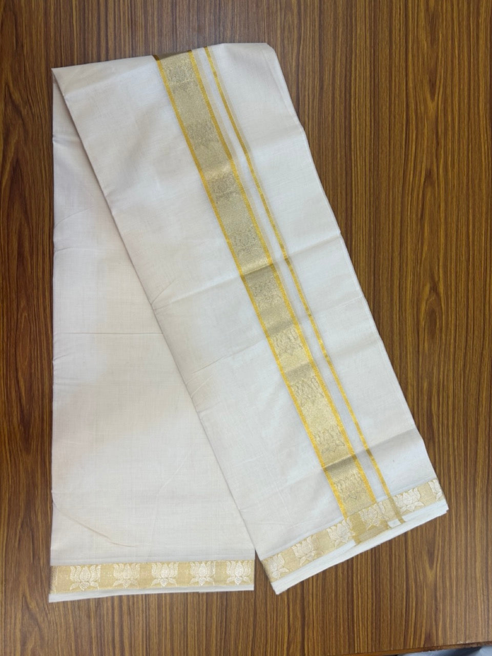 25% Discount ! Kaitharikada Handloom Unakkupaav Balaramapuram - 100% Pure Cotton Off White - (Unbleached) Double Mundu/Dhoti - 100x80 - 1.75 inch Gold & Silver Kasav Lotus Jacquard Design Kara 4 mtr (8.5 Muzham) - 21 KK5301 ABH
