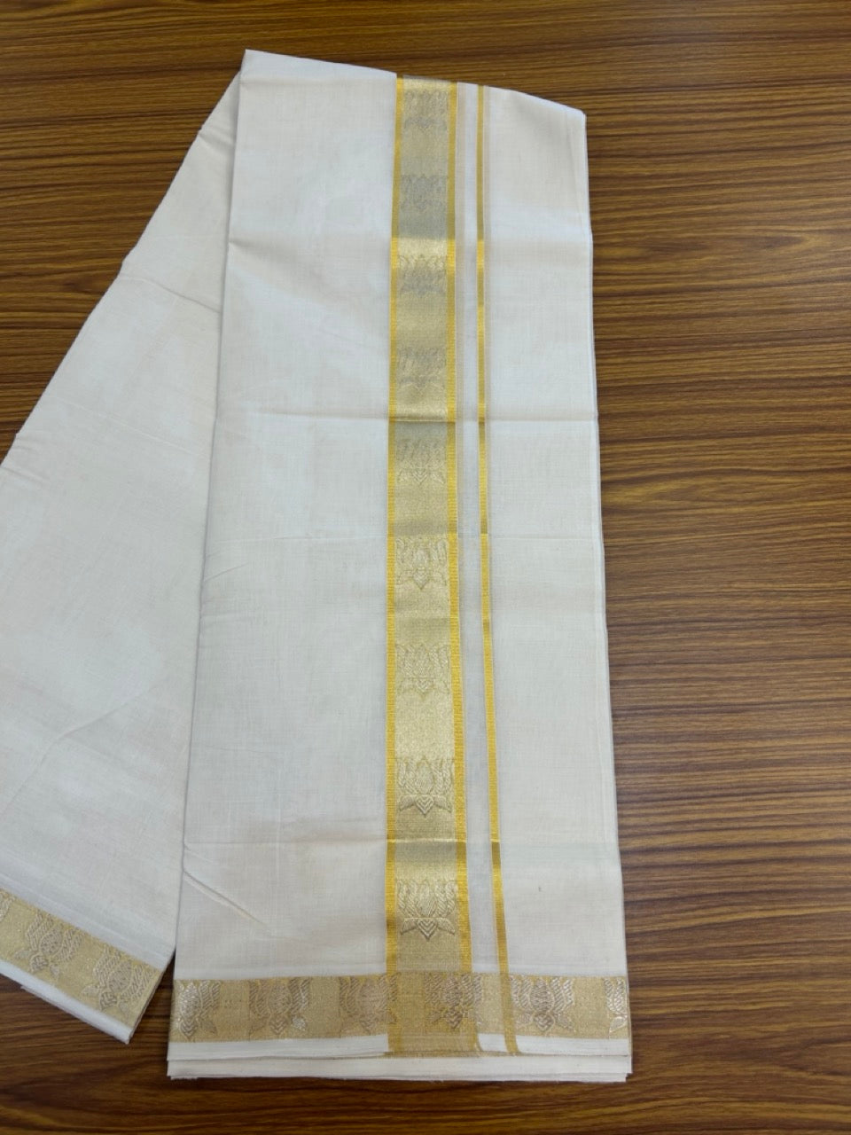 25% Discount ! Kaitharikada Handloom Unakkupaav Balaramapuram - 100% Pure Cotton Off White - (Unbleached) Double Mundu/Dhoti - 100x80 - 1.75 inch Gold & Silver Kasav Lotus Jacquard Design Kara 4 mtr (8.5 Muzham) - 21 KK5301 ABH