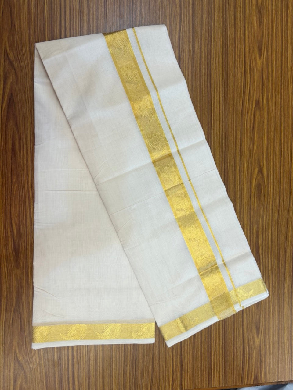 25% Discount ! Kaitharikada Handloom Unakkupaav Balaramapuram - 100% Pure Cotton Off White - (Unbleached) Double Mundu/Dhoti - 100x80 - 1.75 inch Gold Kasav Jacquard Design Kara 4 mtr (8.5 Muzham) - 22 KK5301 ABH