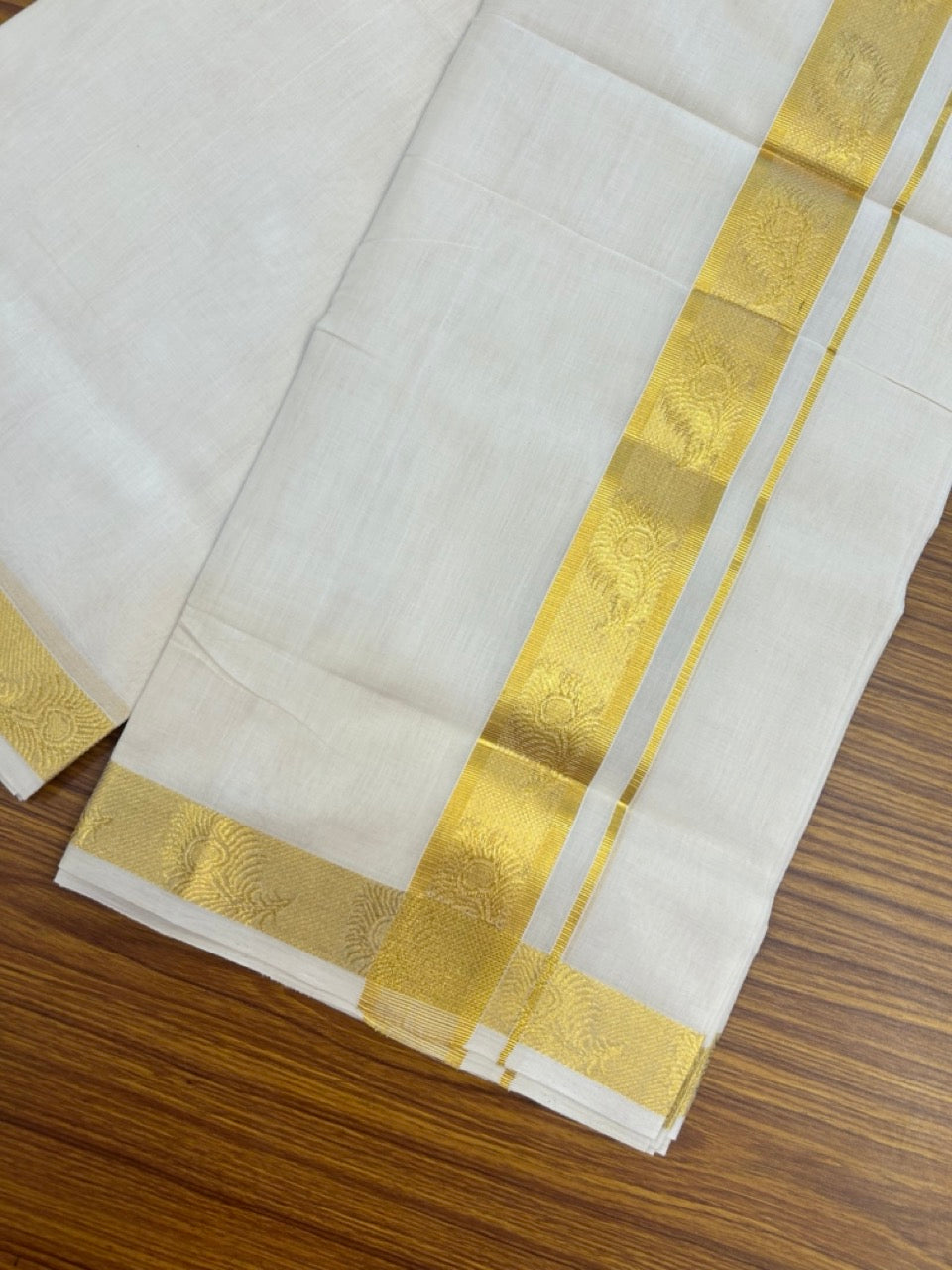 25% Discount ! Kaitharikada Handloom Unakkupaav Balaramapuram - 100% Pure Cotton Off White - (Unbleached) Double Mundu/Dhoti - 100x80 - 1.75 inch Gold Kasav Jacquard Design Kara 4 mtr (8.5 Muzham) - 22 KK5301 ABH