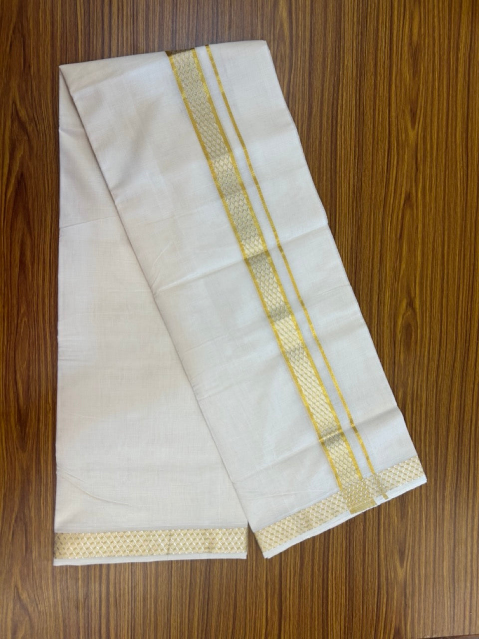 25% Discount ! Kaitharikada Handloom Unakkupaav Balaramapuram - 100% Pure Cotton Off White - (Unbleached) Double Mundu/Dhoti - 100x80 - 1.75 inch Gold & Silver Kasav Jacquard Design Kara 4 mtr (8.5 Muzham) - 23 KK5301 ABH