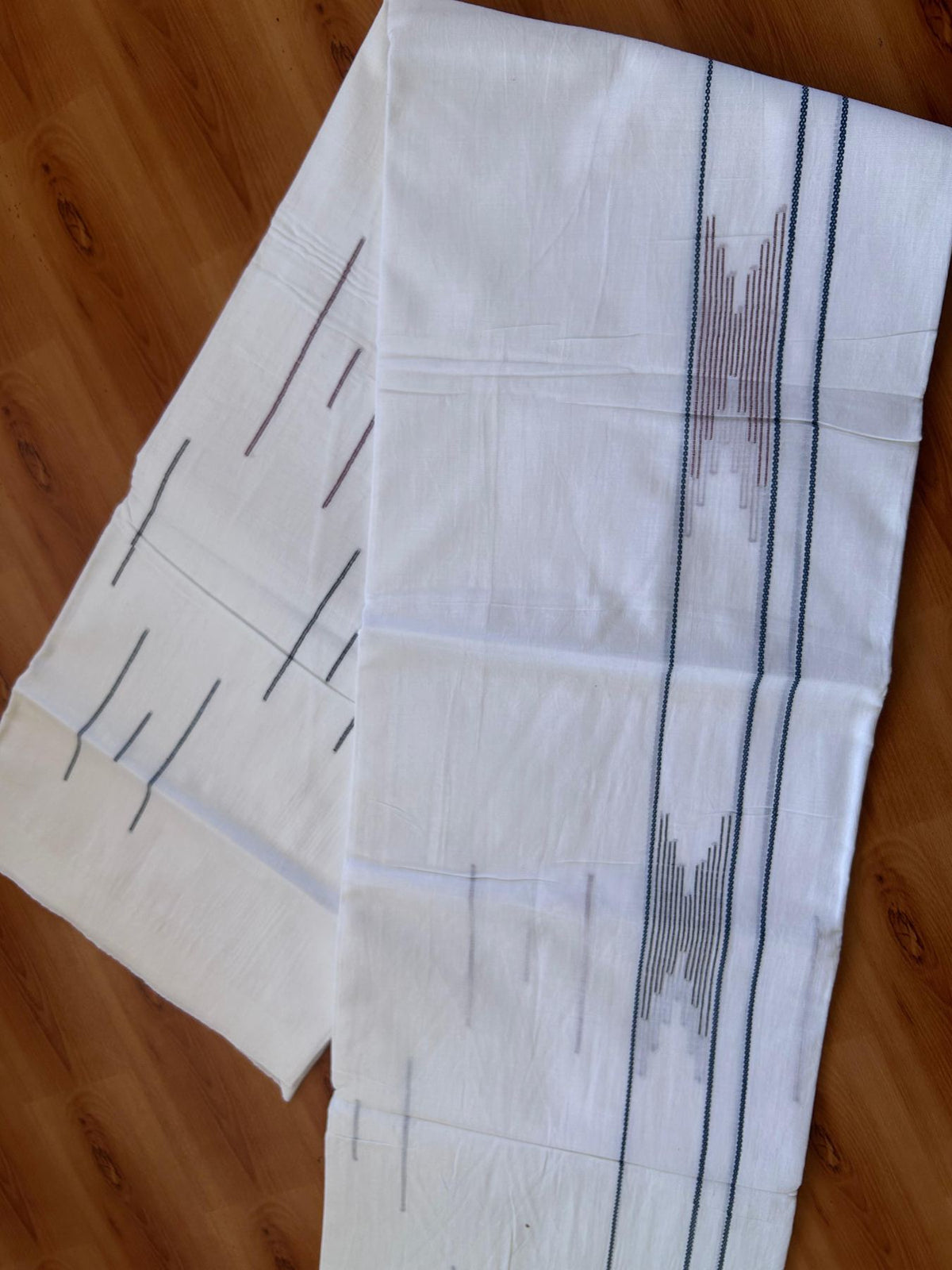 Pure White Double Mundu/Dothi - 20% Discount ! Kaitharikada Balaramapuram 100% Cotton - 100x80 - Multi Colour Stripes Jacquard Design Kara 3.80 mtr (8 muzham) - 15 KK5516 THI