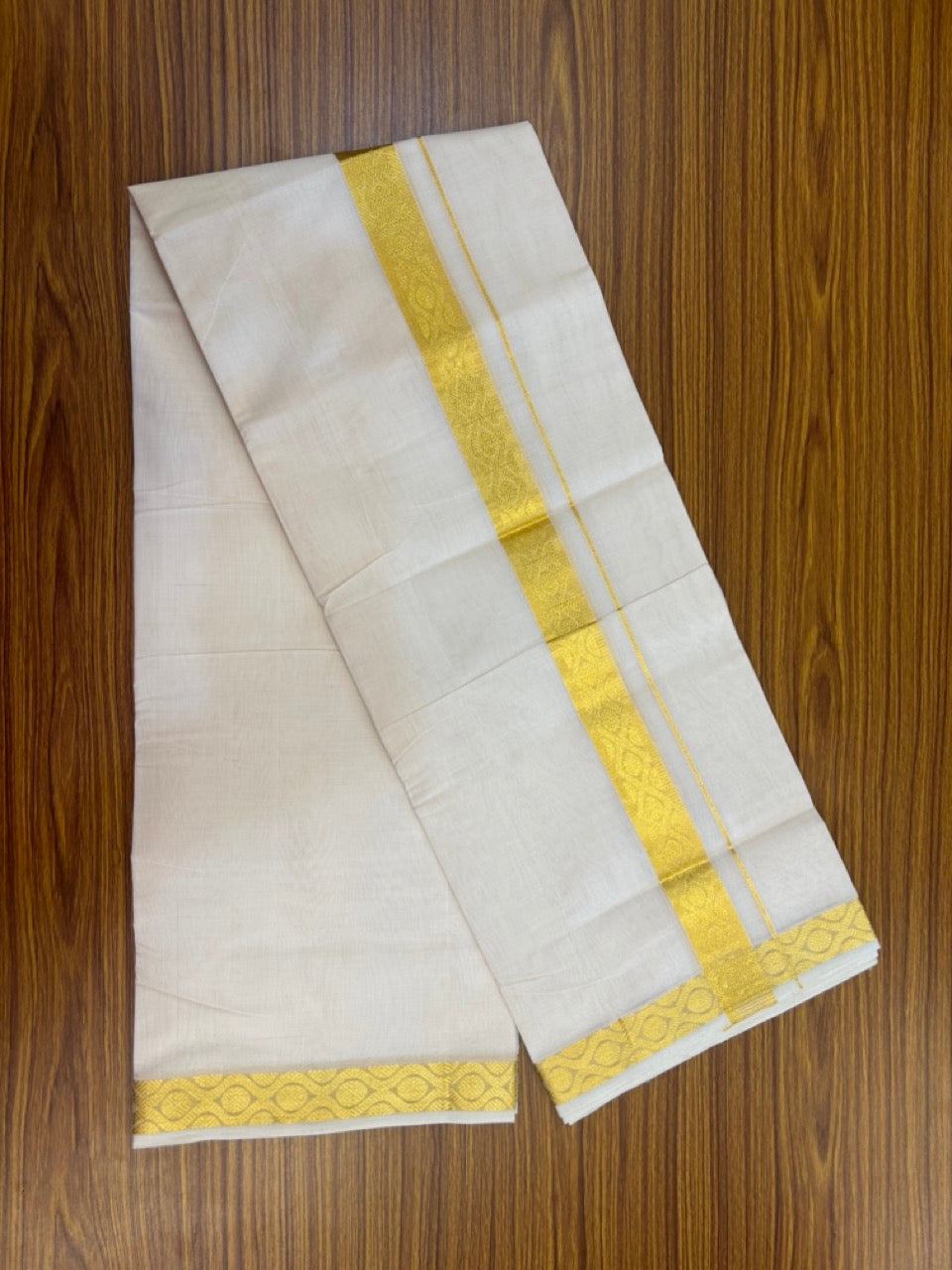 25% Discount ! Kaitharikada Handloom Unakkupaav Balaramapuram - 100% Pure Cotton Off White - (Unbleached) Double Mundu/Dhoti - 100x80 - 1.5 inch Gold Kasav Jacquard Design Kara 4 mtr (8.5 Muzham) - 24 KK5301 ABH