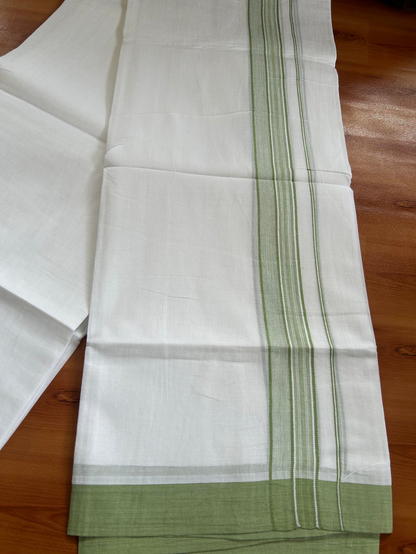 Double Pure White Mundu/Dhoti -20% Discount ! KaithariKada Balaramapuram 100% Cotton - 60s - 1.75 Inch Light Olive Green Shaded Striped Kara - 3.80mtr ( 8 muzham) - 42 KK5398 PMC
