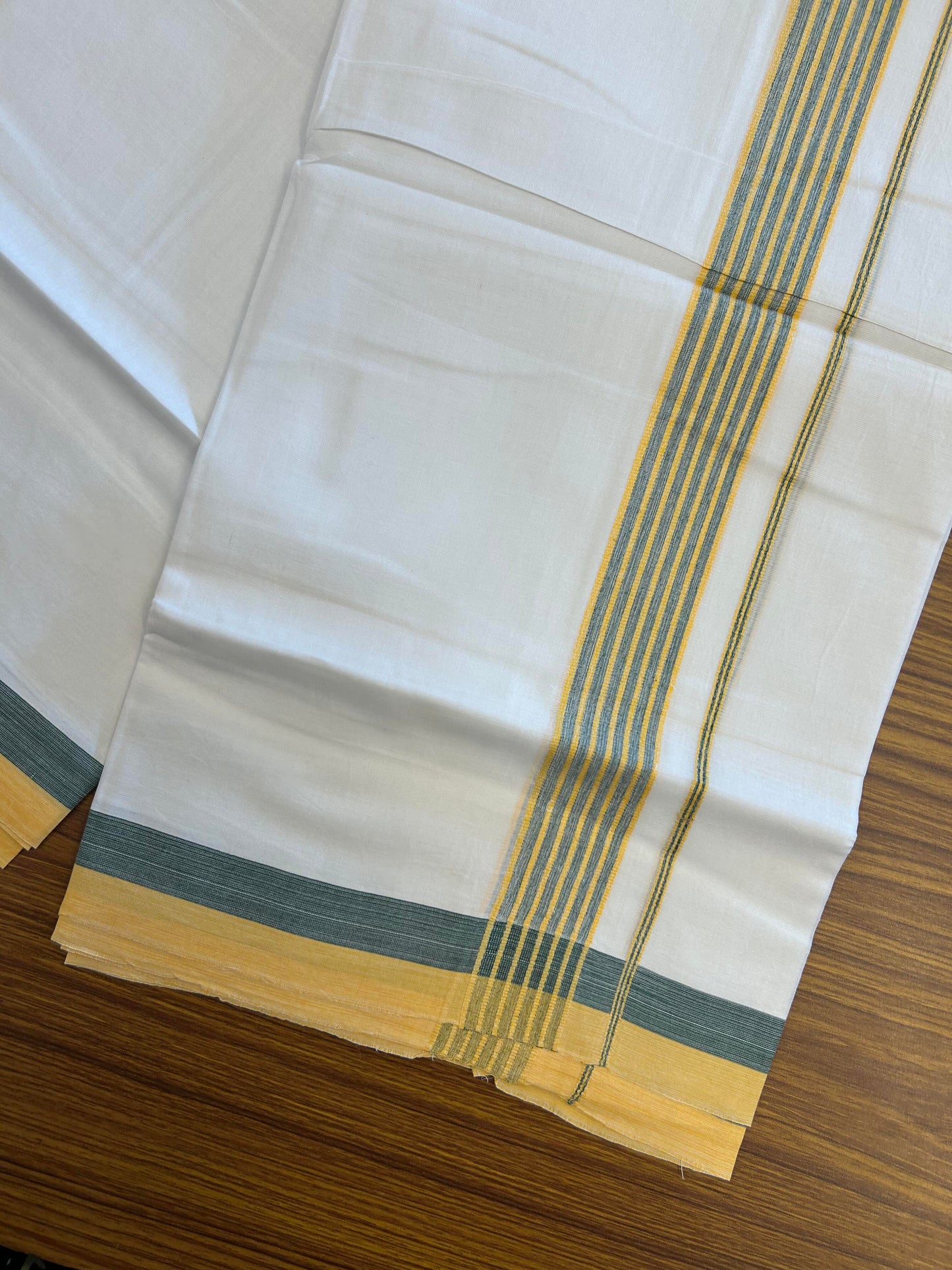 20% Discount ! KaithariKada Balaramapuram Double Pure White Mundu/Dhoti - 100x80 - 1.25 inch Yellow & Green Shaded Striped kara - 3.90 Mtr (8 Muzham) - 31 KK5361 PMC