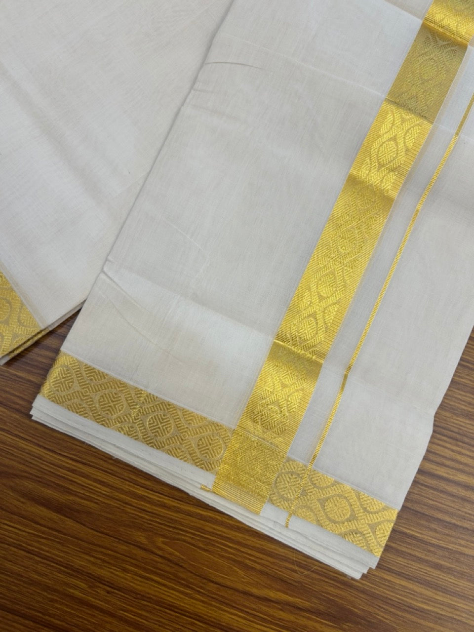 25% Discount ! Kaitharikada Handloom Unakkupaav Balaramapuram - 100% Pure Cotton Off White - (Unbleached) Double Mundu/Dhoti - 100x80 - 1.5 inch Gold Kasav Jacquard Design Kara 4 mtr (8.5 Muzham) - 24 KK5301 ABH