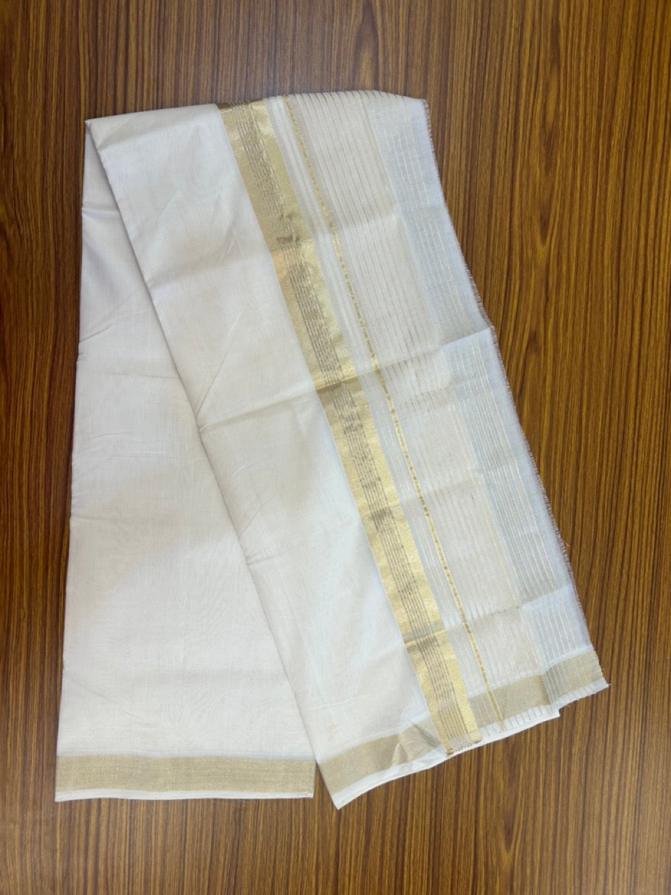25% Discount ! Kaitharikada Handloom Unakkupaav Balaramapuram - 100% Pure Cotton Off White - (Unbleached) Double Mundu/Dhoti - 100x80 - 7 inch Light Gold Kasav Half Striped Kara 4 mtr (8.5 Muzham) - 27 KK5301 ABH