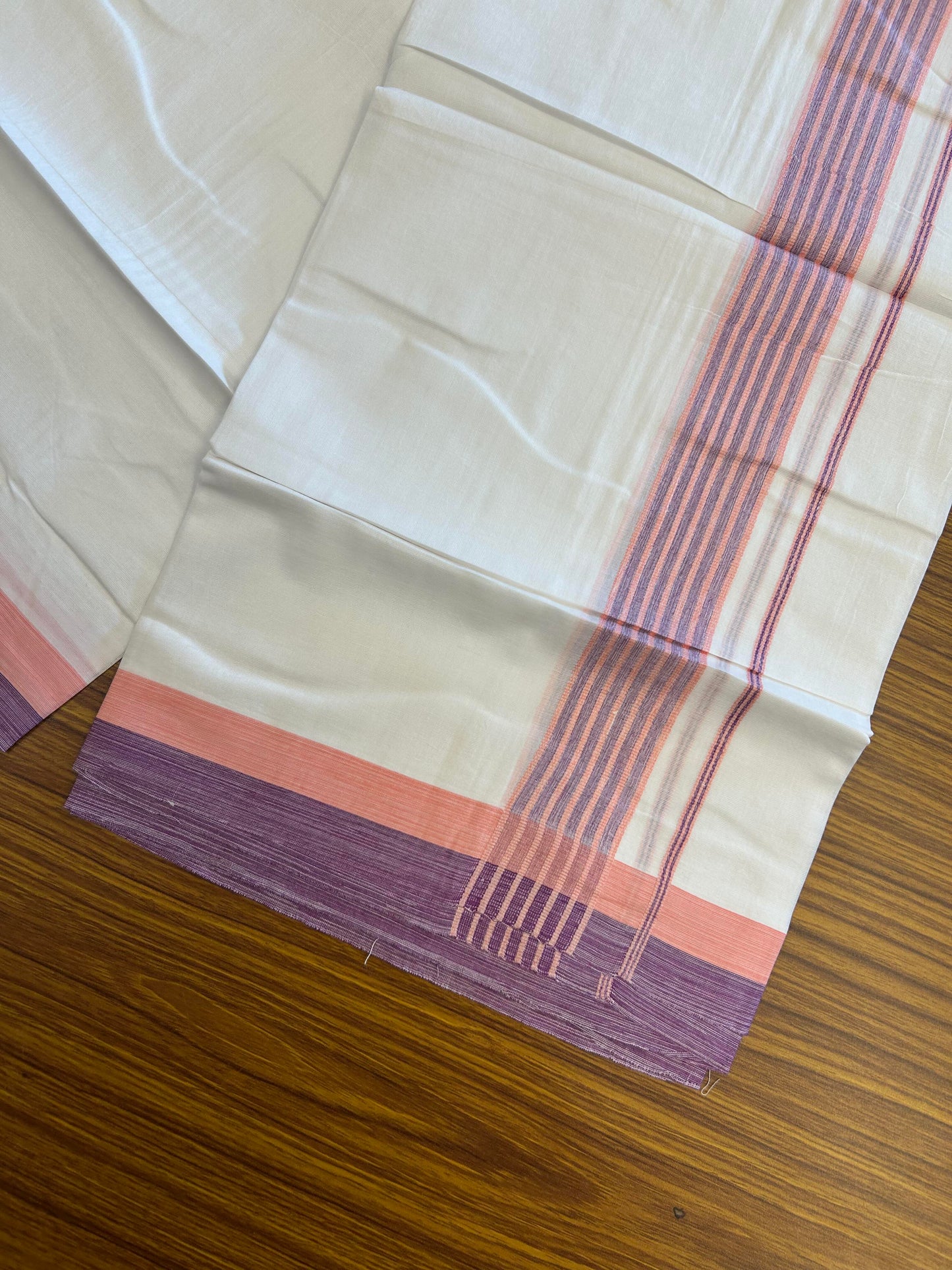 20% Discount ! KaithariKada Balaramapuram Double Pure White Mundu/Dhoti - 100x80 - 1.5 inch Peach Pink & Purple Shaded Striped kara - 3.90 Mtr (8 Muzham) - 32 KK5361 PMC