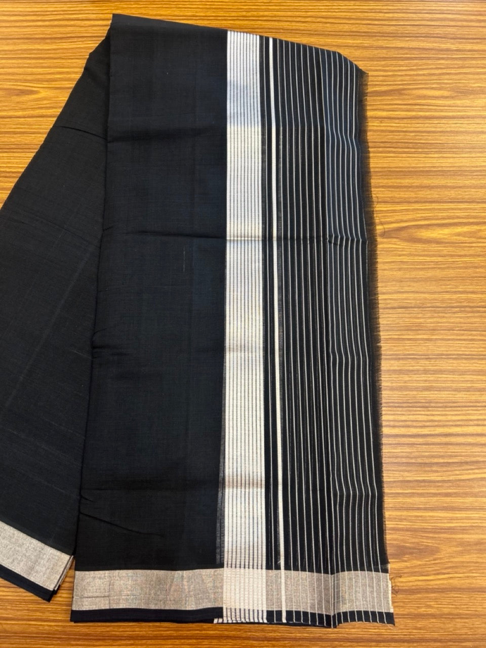 25% Discount! KaithariKada Handloom Unakkupaav Balaramapuram - 100% Cotton Double Mundu/Dhoti - Black Colour Body - 6.5 inch Silver Kasavu Striped Kara - 29 KK5301 ABH