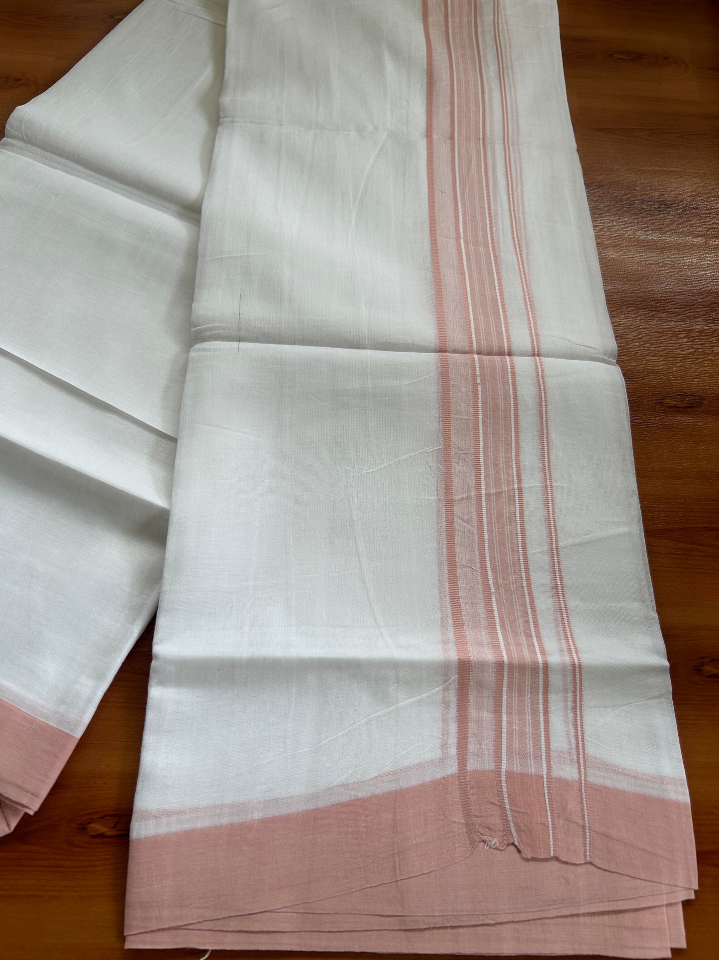 Double Pure White Mundu/Dhoti -20% Discount ! KaithariKada Balaramapuram 100% Cotton - 60s - 1.75 Inch Peach Pink Shaded Striped Kara - 3.80mtr ( 8 muzham) - 49 KK5398 PMC