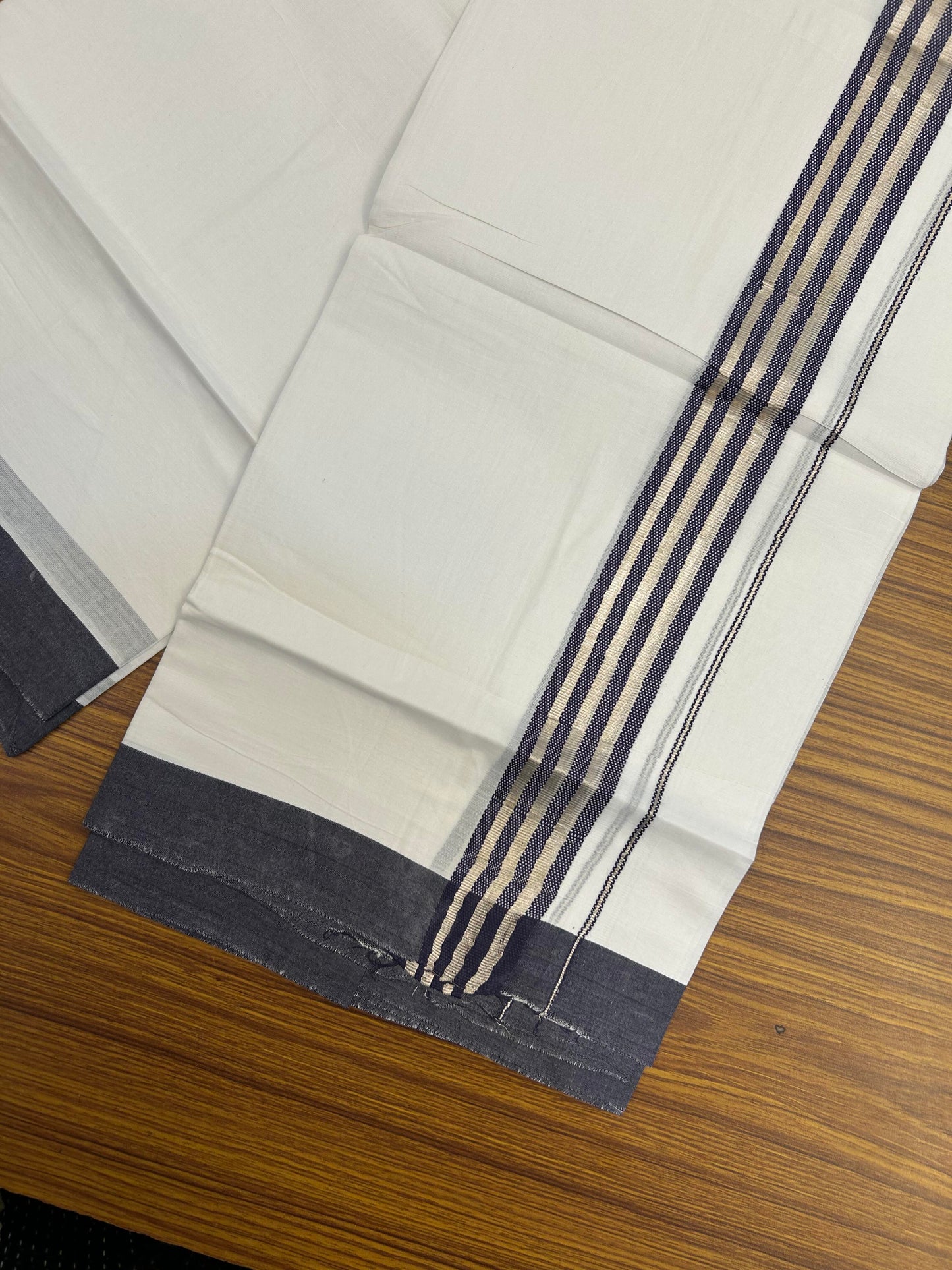 20% Discount ! KaithariKada Balaramapuram 100% Cotton Double Pure White Mundu/Dhoti - 100X80 - 1.5 inch Silver Kasav & Navy Blue Stripes kara 3.90 mtr (8 muzham) - 13 KK5361 PMC