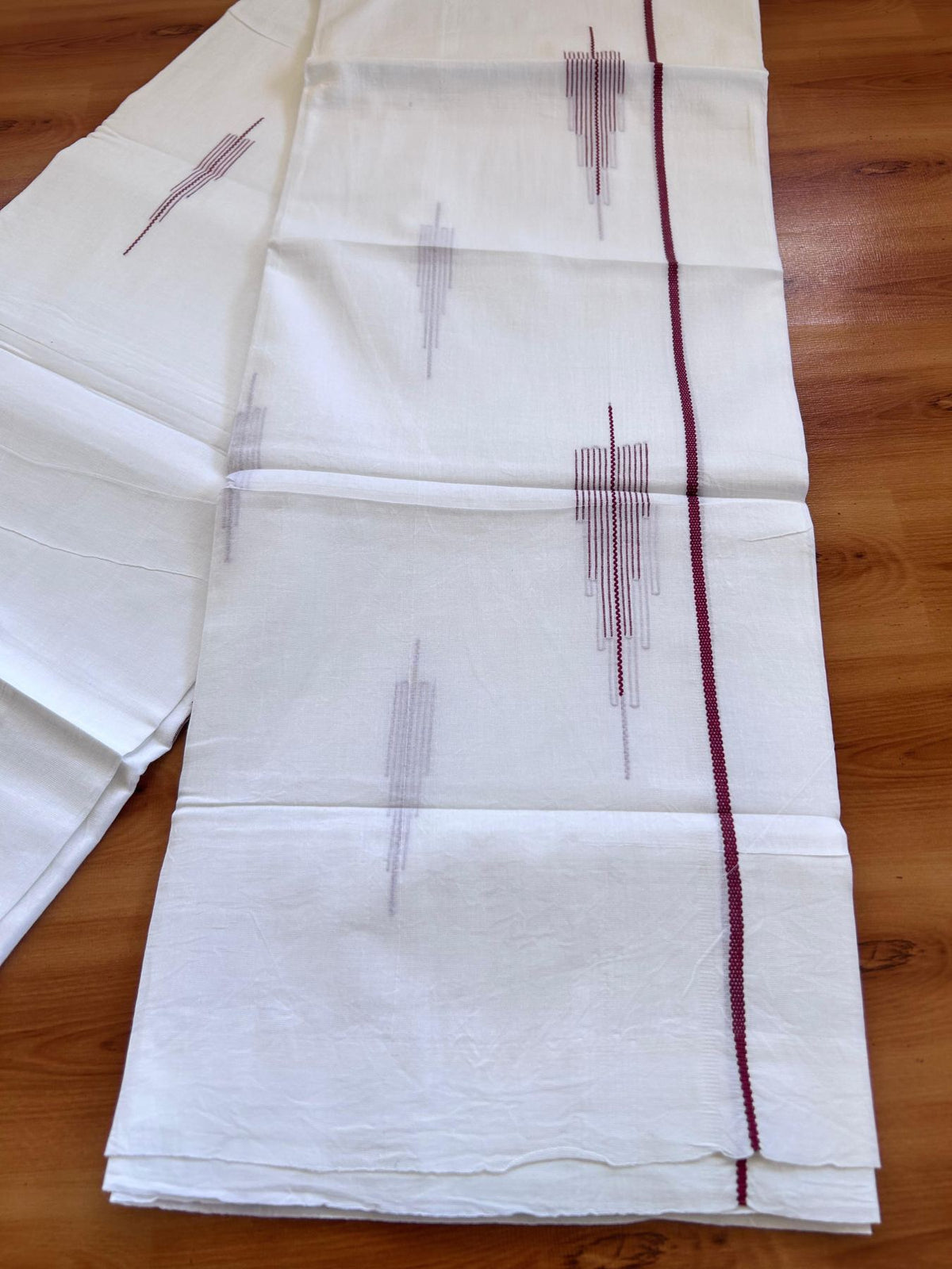 Pure White Double Mundu/Dothi - 20% Discount ! Kaitharikada Balaramapuram 100% Cotton - 100x80 - Dark Maroon Stripes Jacquard Design Kara 3.80 mtr (8 muzham) - 6 KK5516 THI