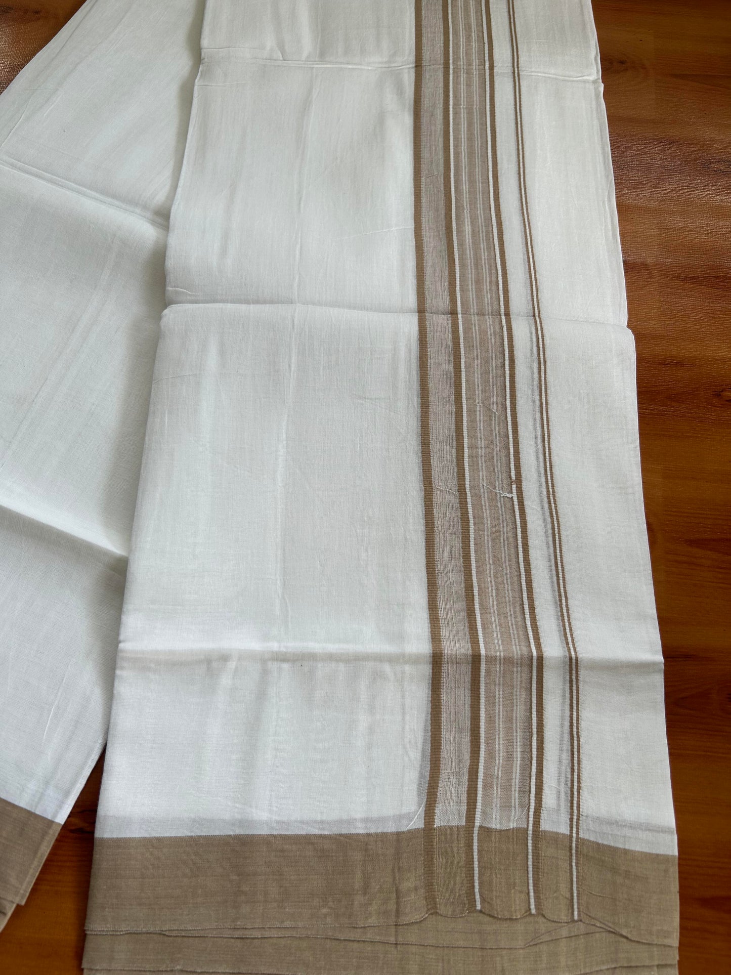 Double Pure White Mundu/Dhoti -20% Discount ! KaithariKada Balaramapuram 100% Cotton - 60s - 1.75 Inch Sand Brown Shaded Striped Kara - 3.80mtr ( 8 muzham) - 41 KK5398 PMC