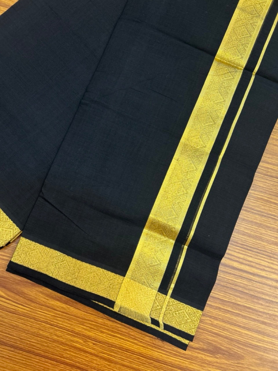 25% Discount! KaithariKada Handloom Unakkupaav Balaramapuram - 100% Cotton Double Mundu/Dhoti - Black Colour Body - 1.75 inch Gold Kasavu Jacquard Design Kara - 28 KK5301 ABH