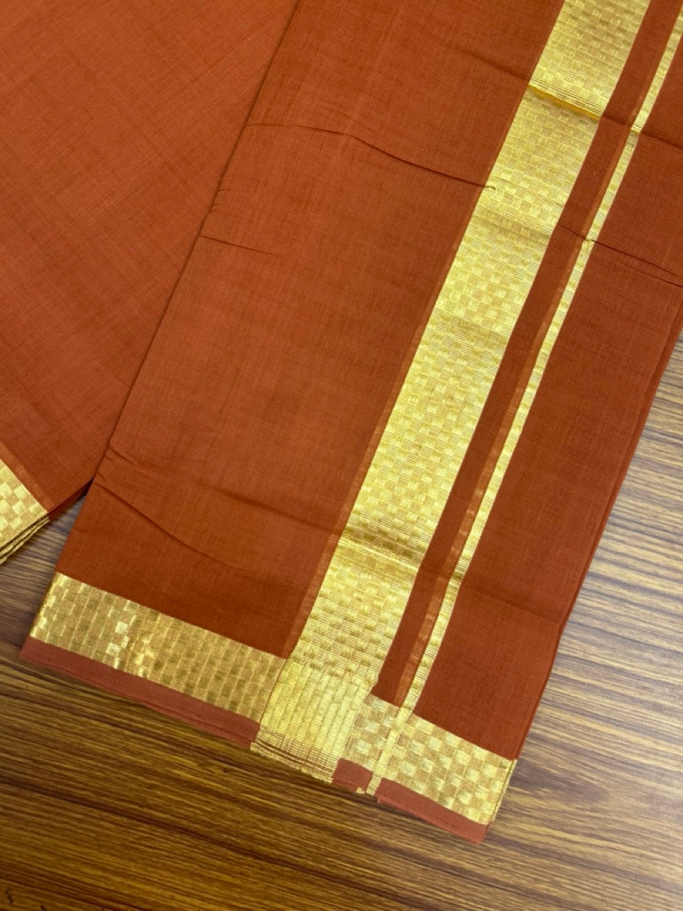 25% Discount! KaithariKada Handloom Unakkupaav Balaramapuram - 100% Cotton Double Mundu/Dhoti - Orange Brown Colour Body - 1.75 inch Gold Kasavu Jacquard Design Kara - 32 KK5301 ABH