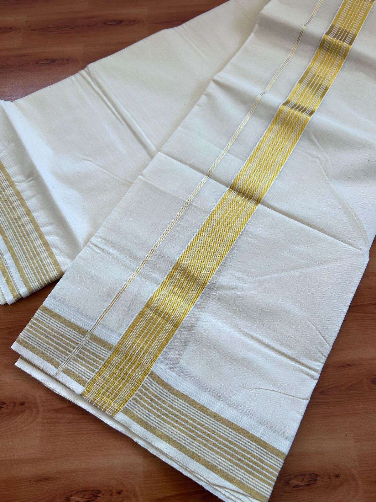 Off White (Unbleached) Double Mundu/Dhoti - 20% Discount ! KaithariKada - Mixed cotton - 80x72 - 1.5 inch Gold Kasav Striped Kara 4 mtr (8.5 muzham) - 1 KK5514 VIN
