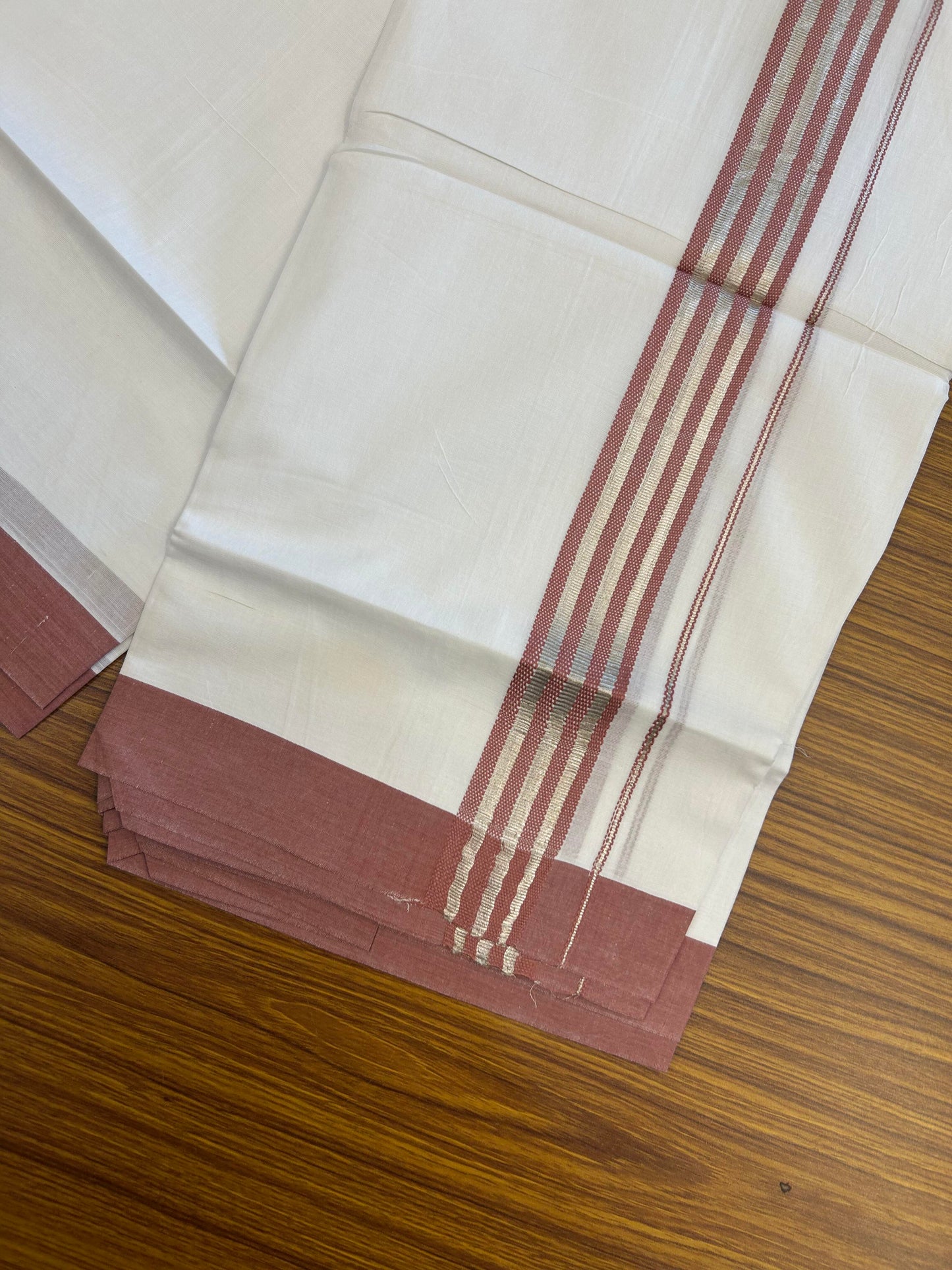 20% Discount ! KaithariKada Balaramapuram 100% Cotton Double Pure White Mundu/Dhoti - 100X80 - 1.5 inch Silver Kasav & Dusty Rose Stripes kara 3.90 mtr (8 muzham) - 15 KK5361 PMC