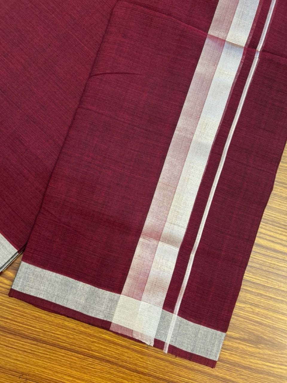 25% Discount! KaithariKada Handloom Unakkupaav Balaramapuram - 100% Cotton Double Mundu/Dhoti - Dark Maroon Colour Body - 2 inch Silver Kasavu Kara - 31 KK5301 ABH