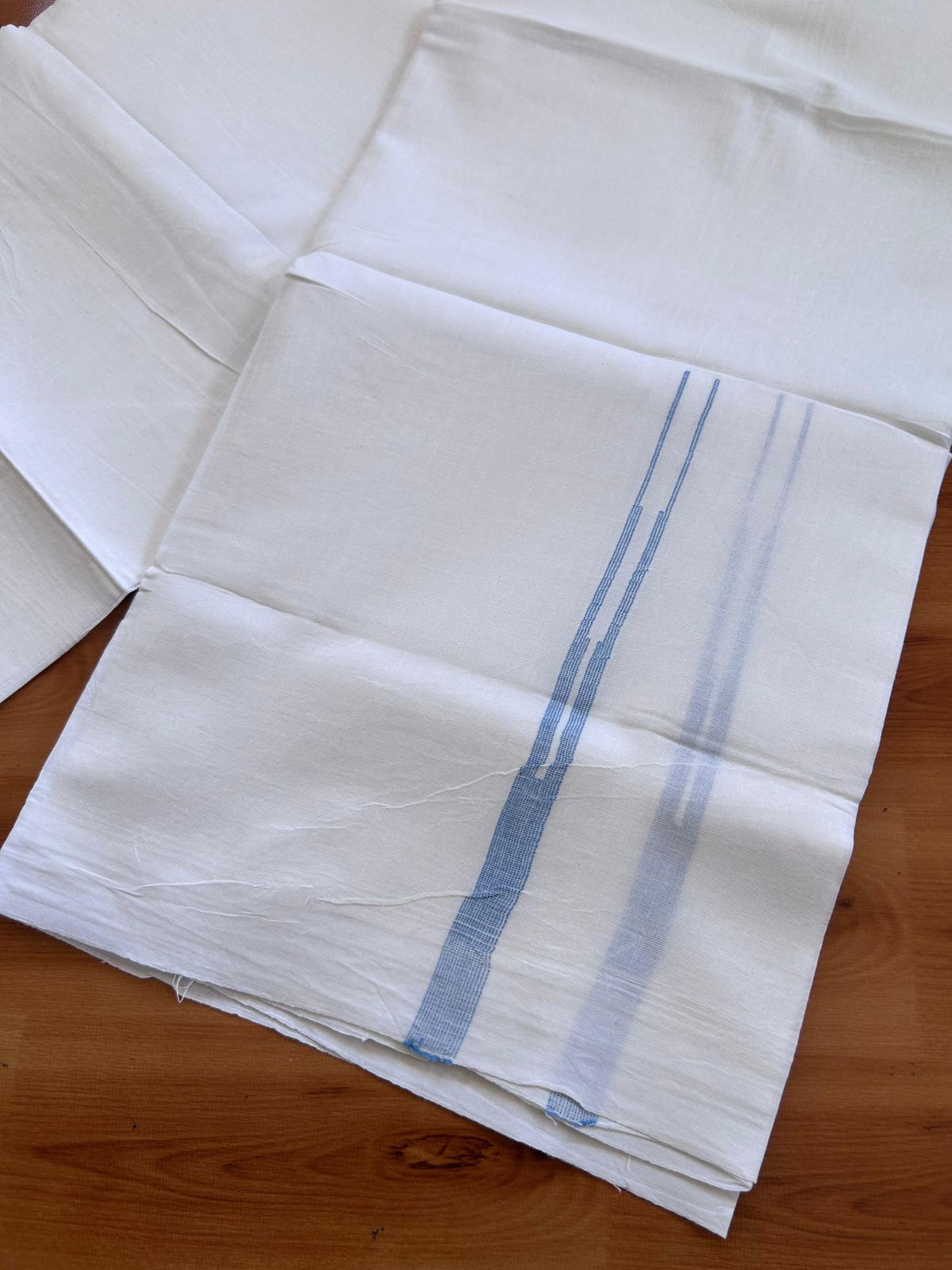 Double Pure White Mundu/Dhoti - 20% Discount !! KaithariKada Balaramapuram 100% Cotton - 100x80 - 0.5 Sky Blue Striped Chutty Kara 3.75 mtr (8 muzham) - 1 KK5515 CKS